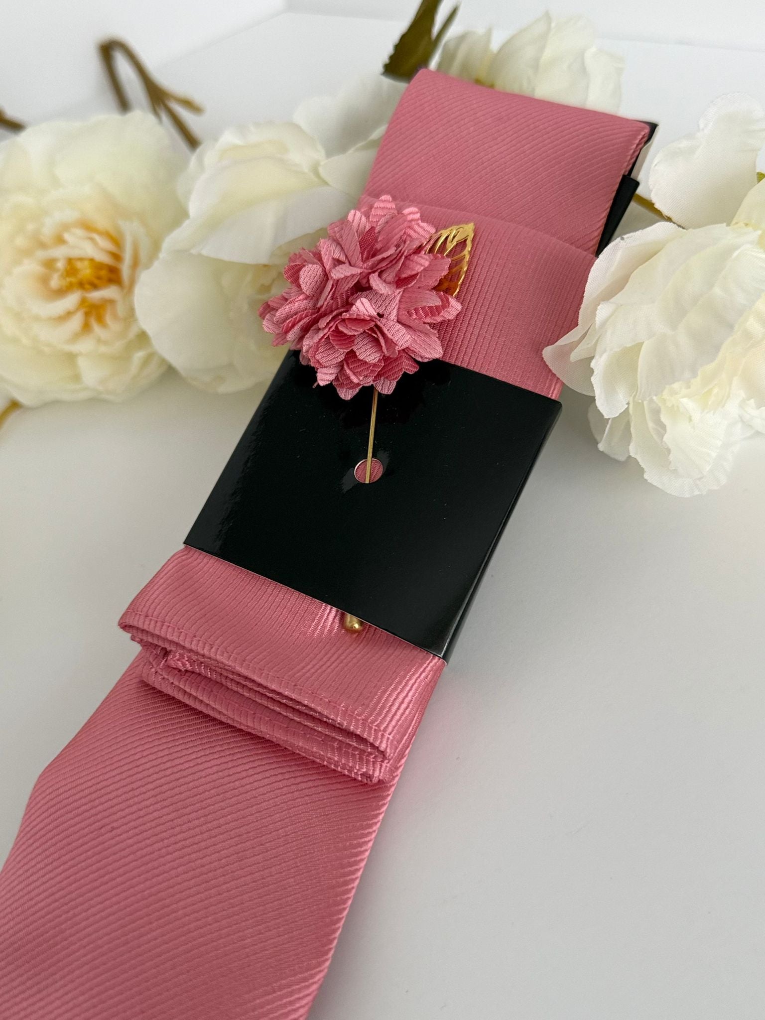 Men’s Pink Satin Tie Set with Pocket Square & Lapel Flower