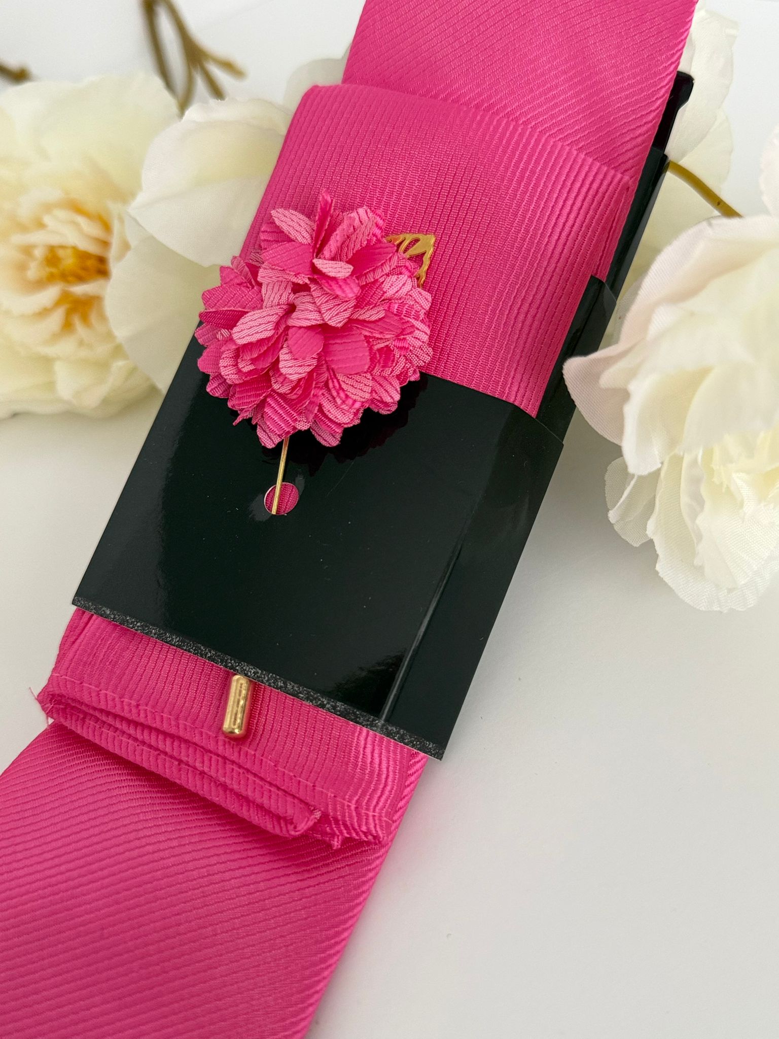 Men’s Hot Pink Satin Tie Set with Pocket Square & Lapel Flower
