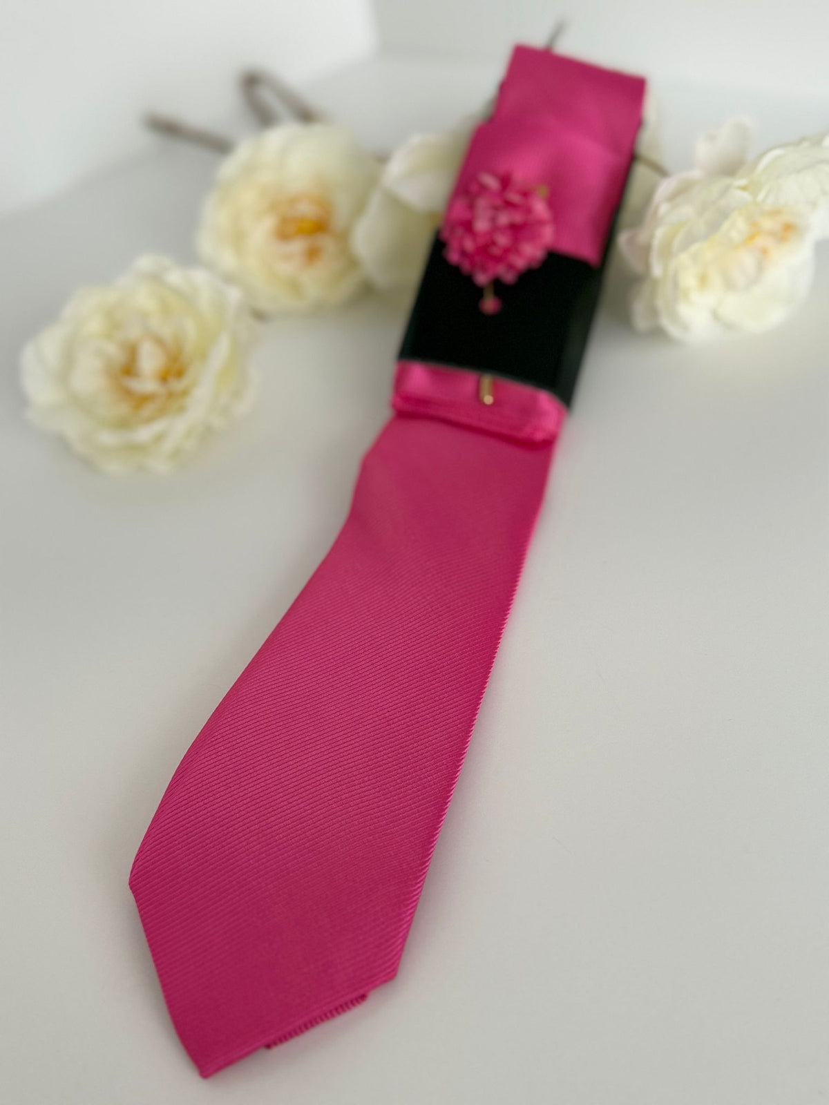 Men’s Hot Pink Satin Tie Set with Pocket Square & Lapel Flower