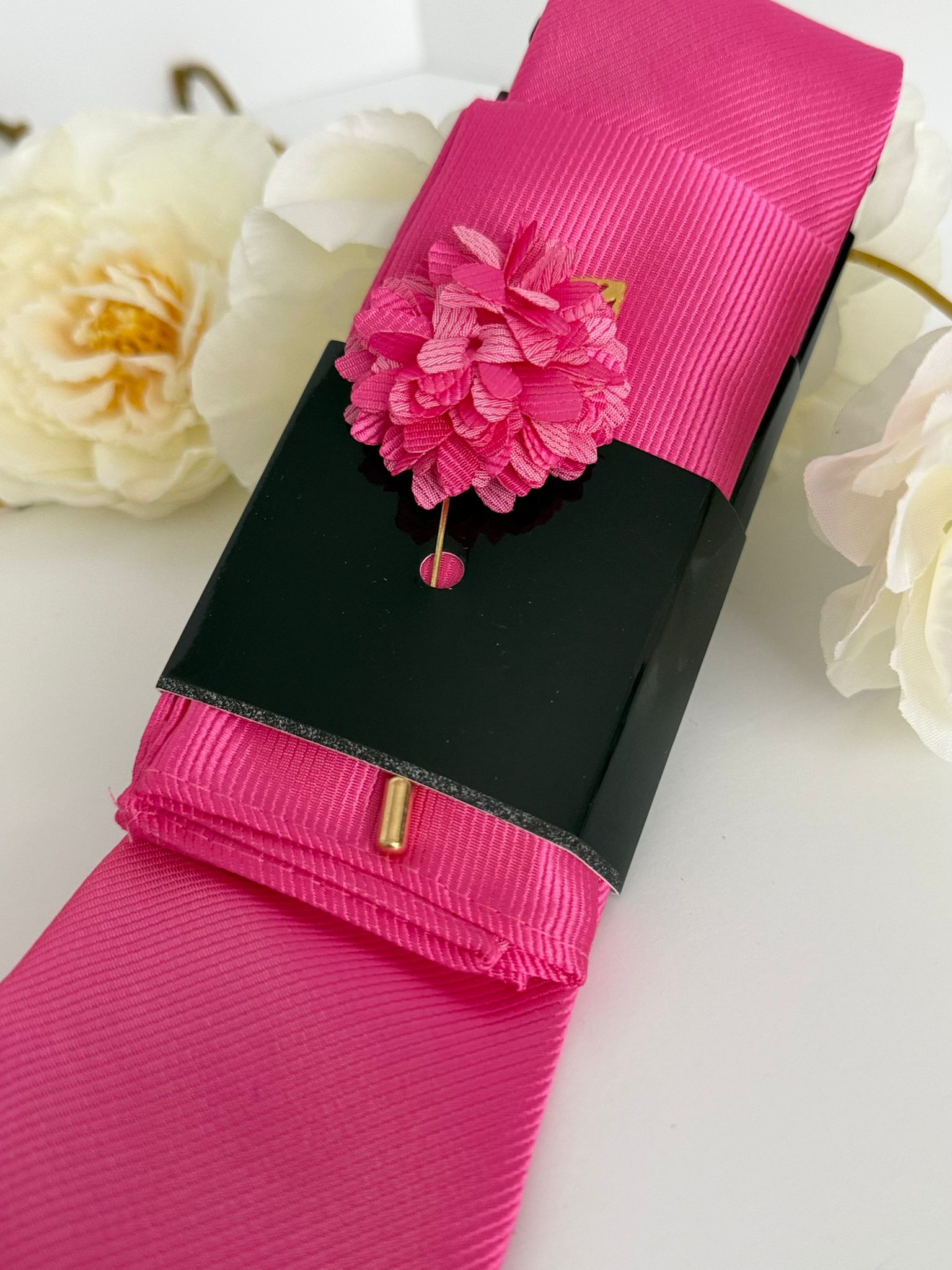 Men’s Hot Pink Satin Tie Set with Pocket Square & Lapel Flower