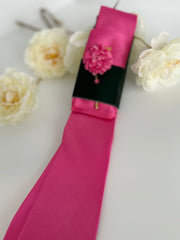 Men’s Hot Pink Satin Tie Set with Pocket Square & Lapel Flower