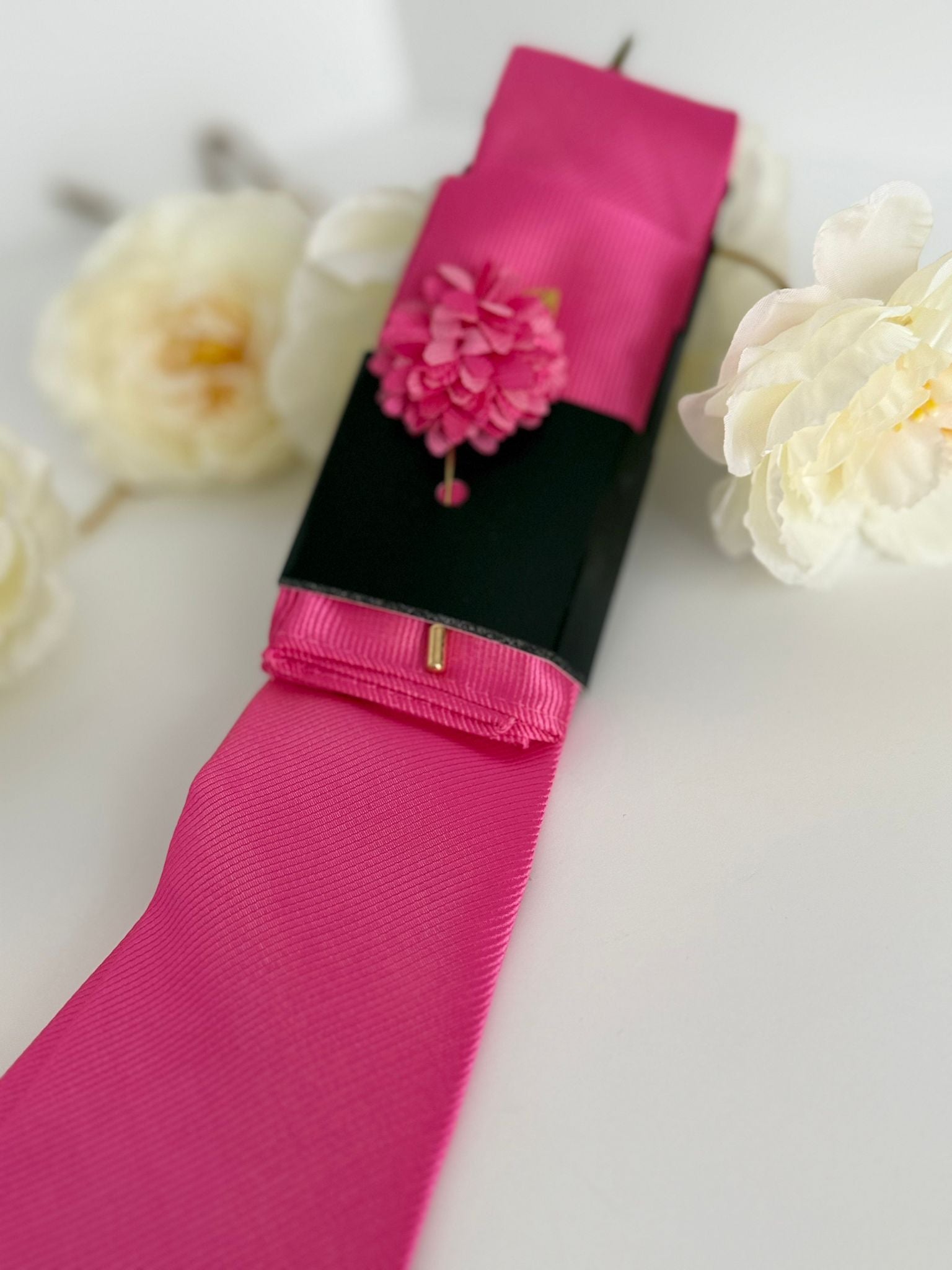 Men’s Hot Pink Satin Tie Set with Pocket Square & Lapel Flower