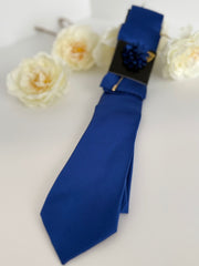 Men’s Royal Blue Satin Tie Set with Pocket Square & Lapel Flower