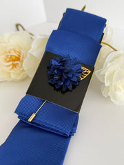 Men’s Royal Blue Satin Tie Set with Pocket Square & Lapel Flower