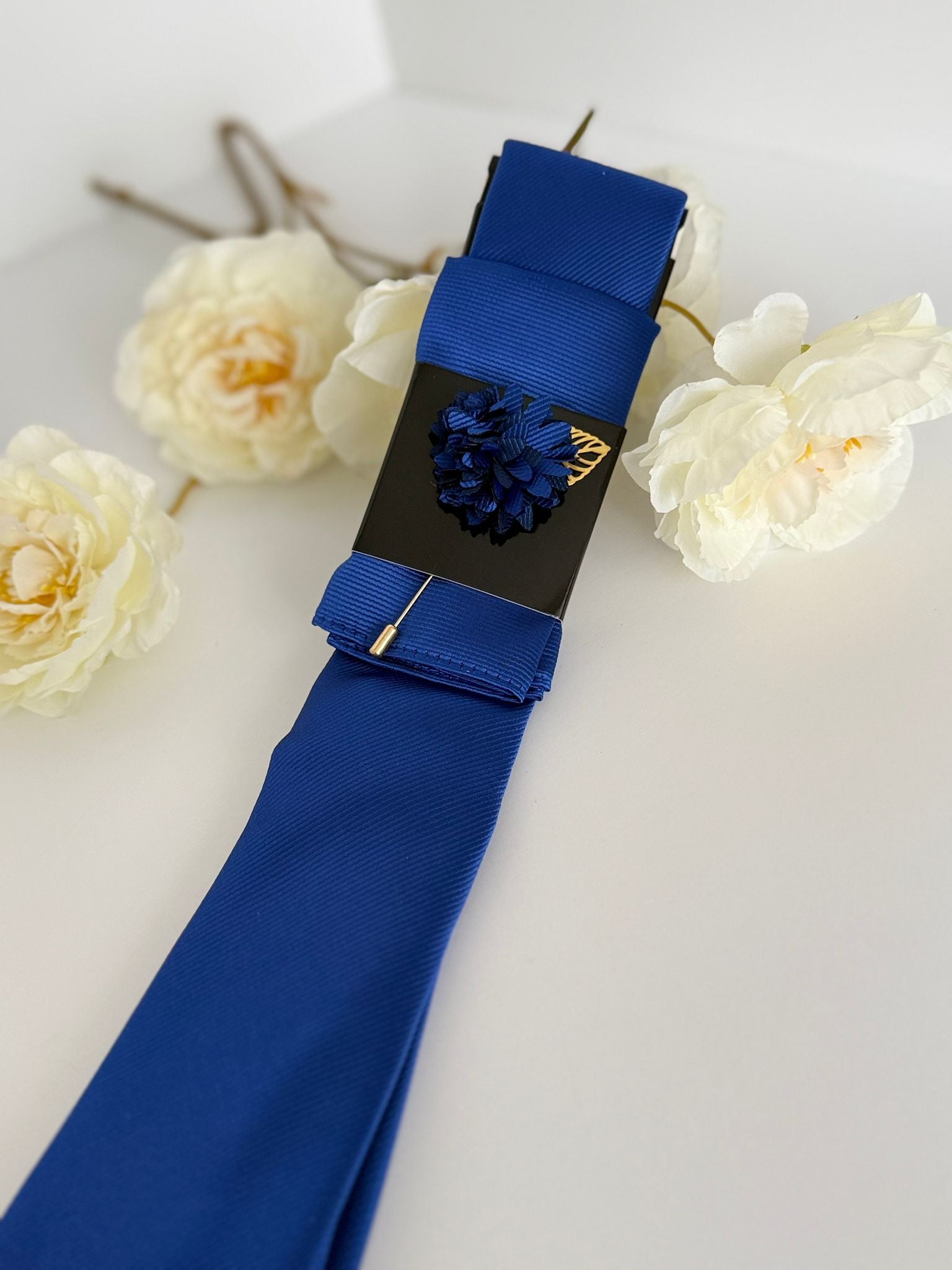 Men’s Royal Blue Satin Tie Set with Pocket Square & Lapel Flower