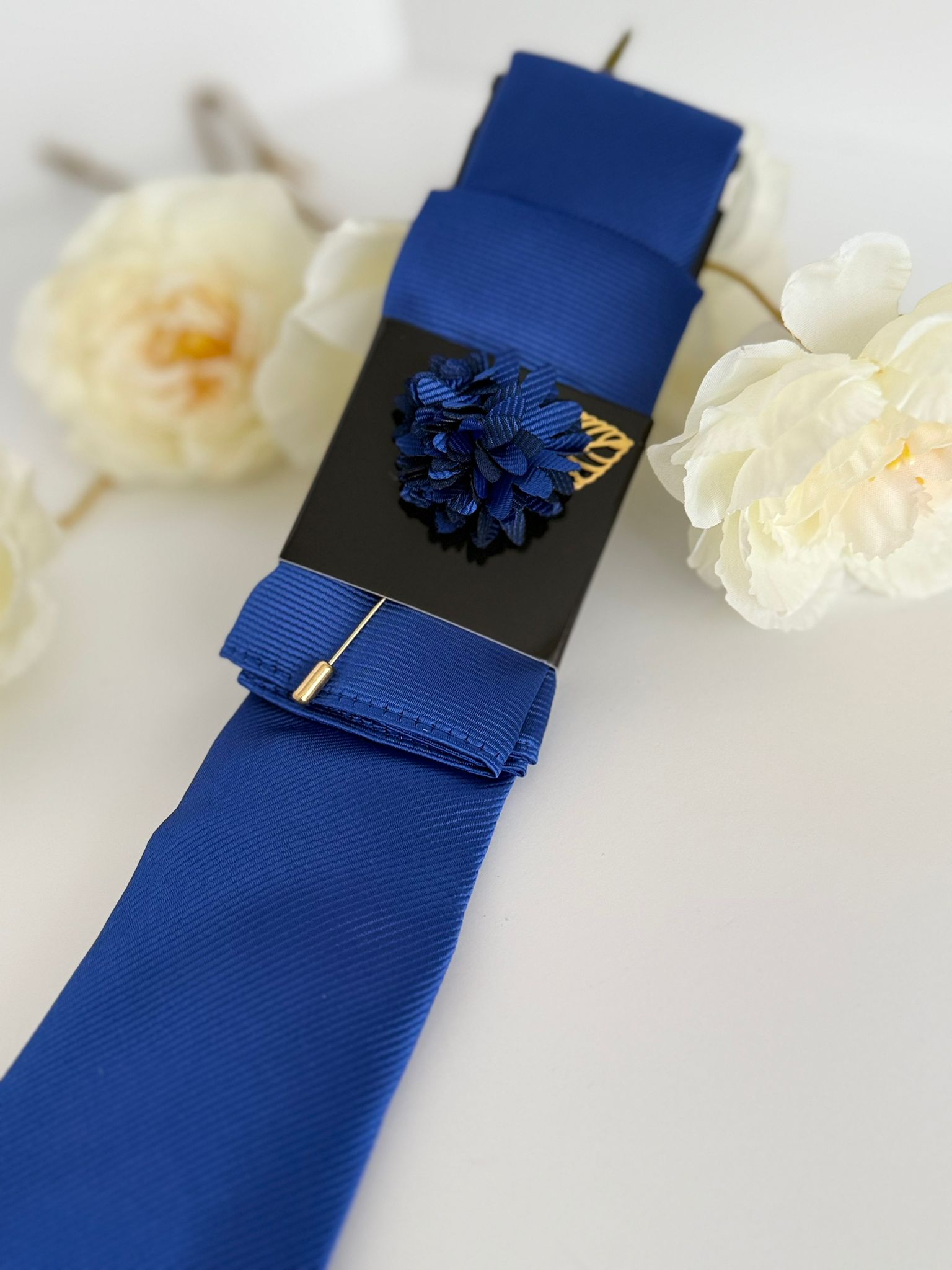 Men’s Royal Blue Satin Tie Set with Pocket Square & Lapel Flower