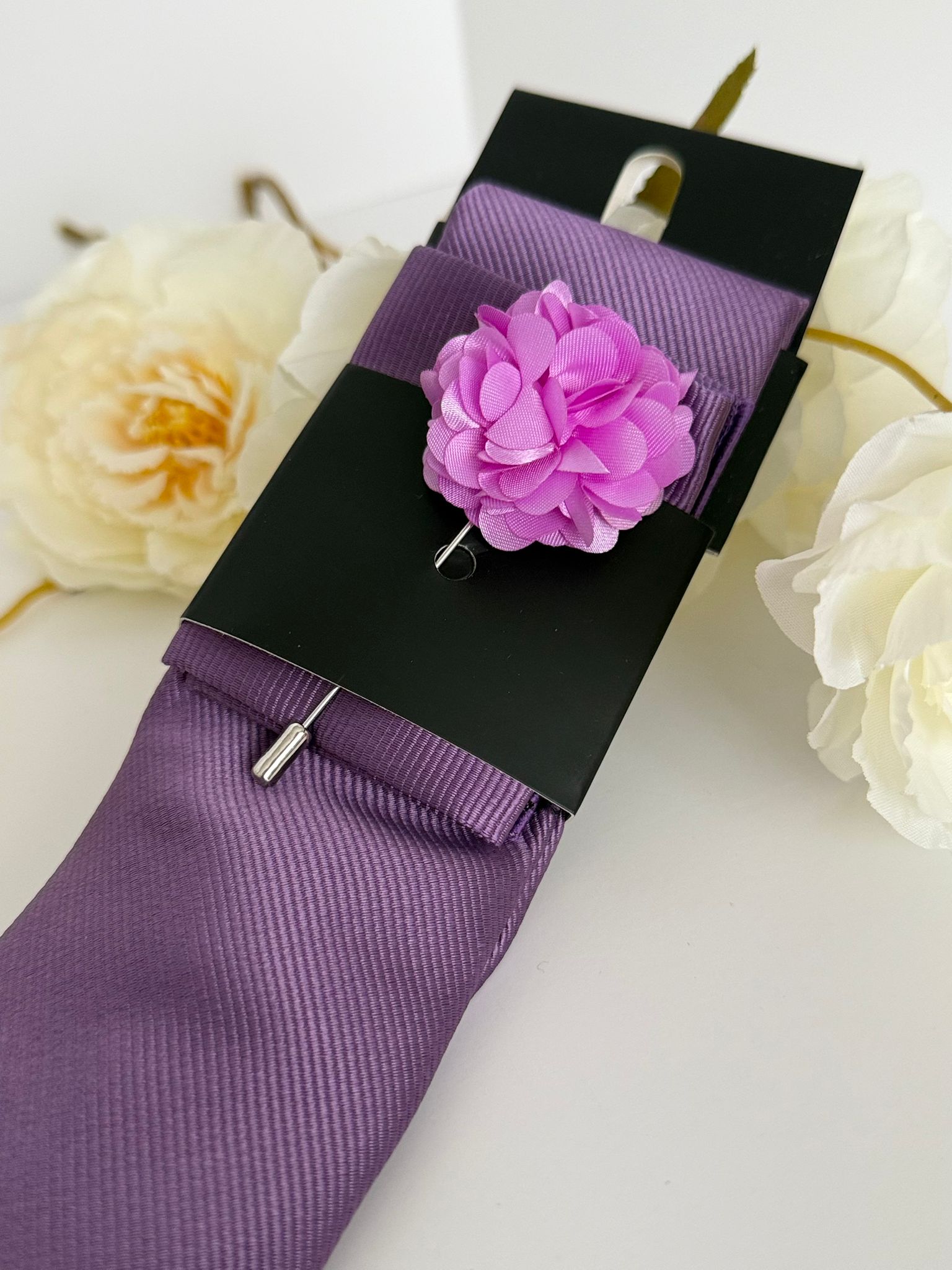 Men’s Lavender Satin Tie Set with Lapel Flower & Tie Pin