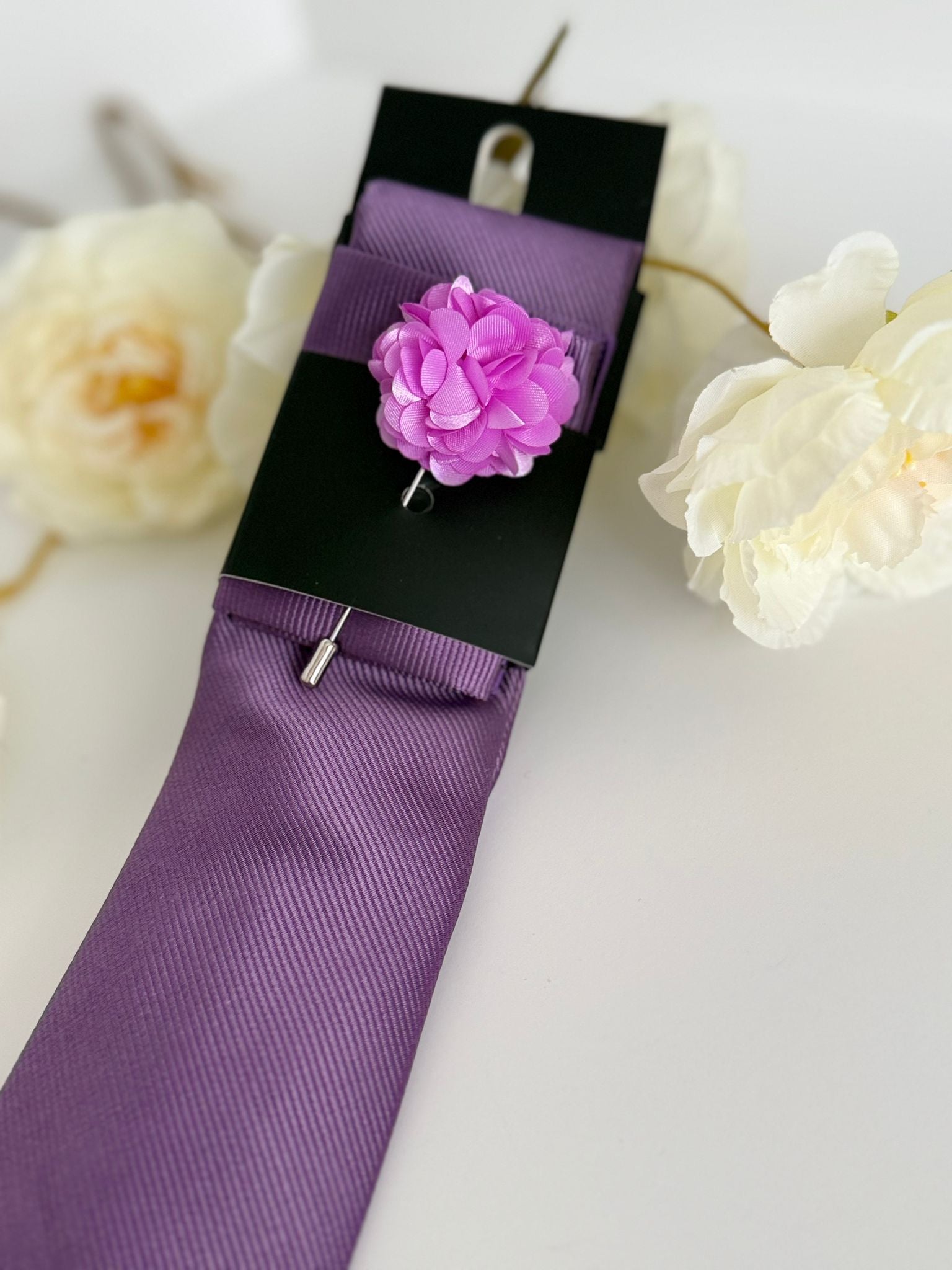 Men’s Lavender Satin Tie Set with Lapel Flower & Tie Pin
