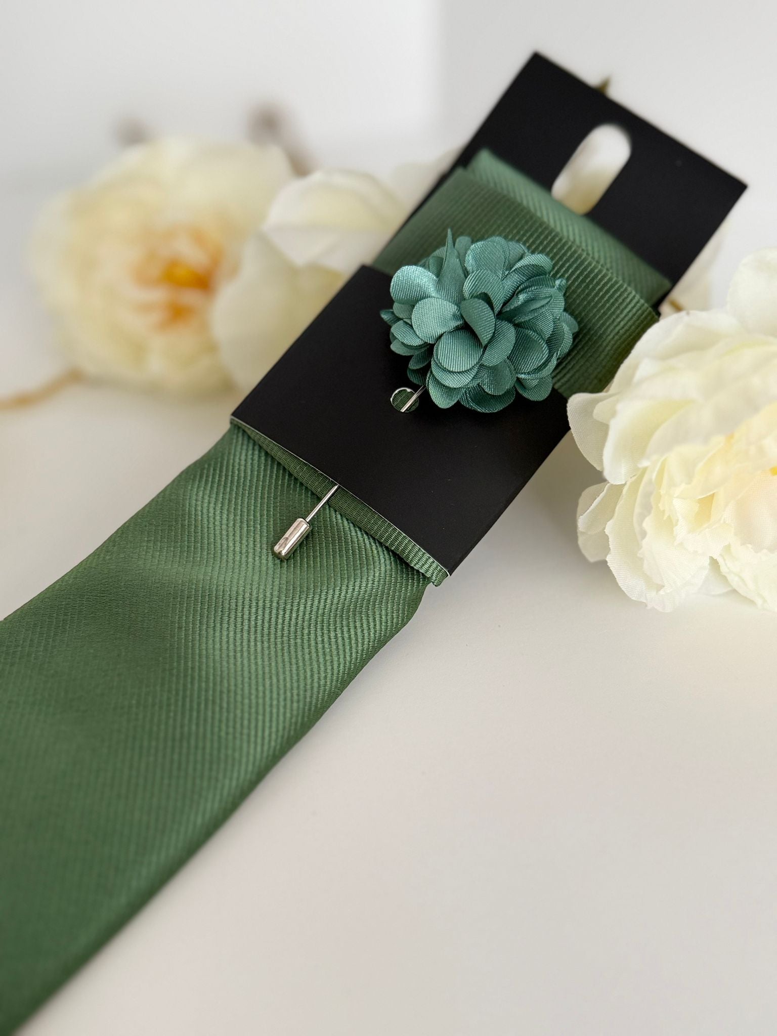 Men’s Sage Green Satin Tie Set with Lapel Flower & Tie Pin
