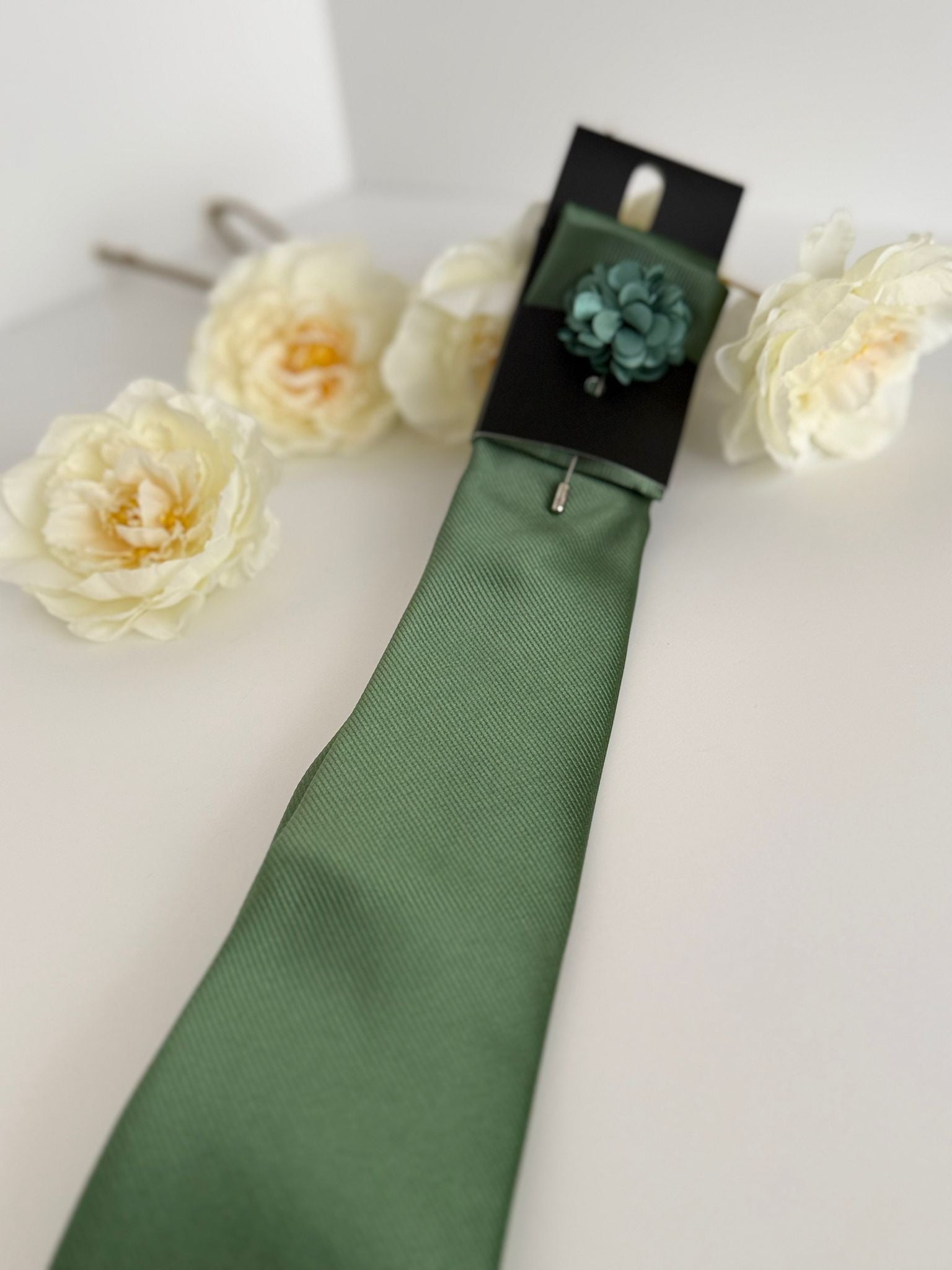 Men’s Sage Green Satin Tie Set with Lapel Flower & Tie Pin