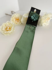 Men’s Sage Green Satin Tie Set with Lapel Flower & Tie Pin