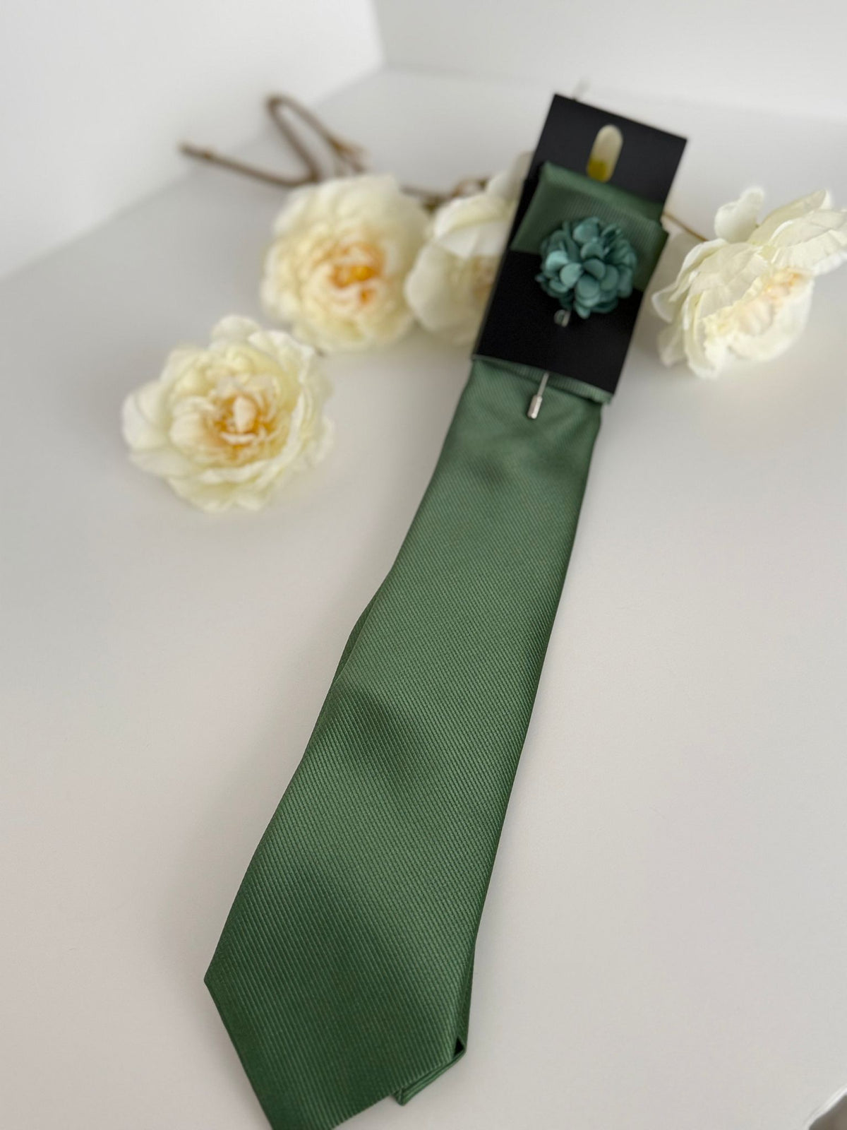 Men’s Sage Green Satin Tie Set with Lapel Flower & Tie Pin