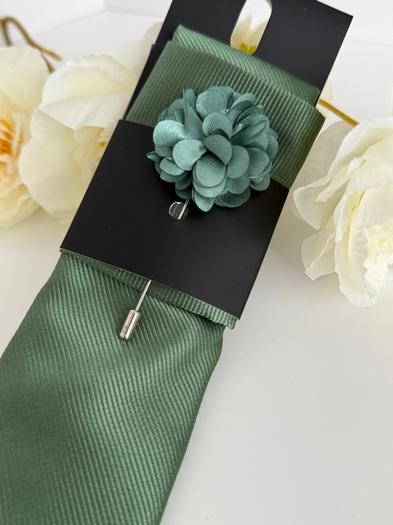 Men’s Sage Green Satin Tie Set with Lapel Flower & Tie Pin