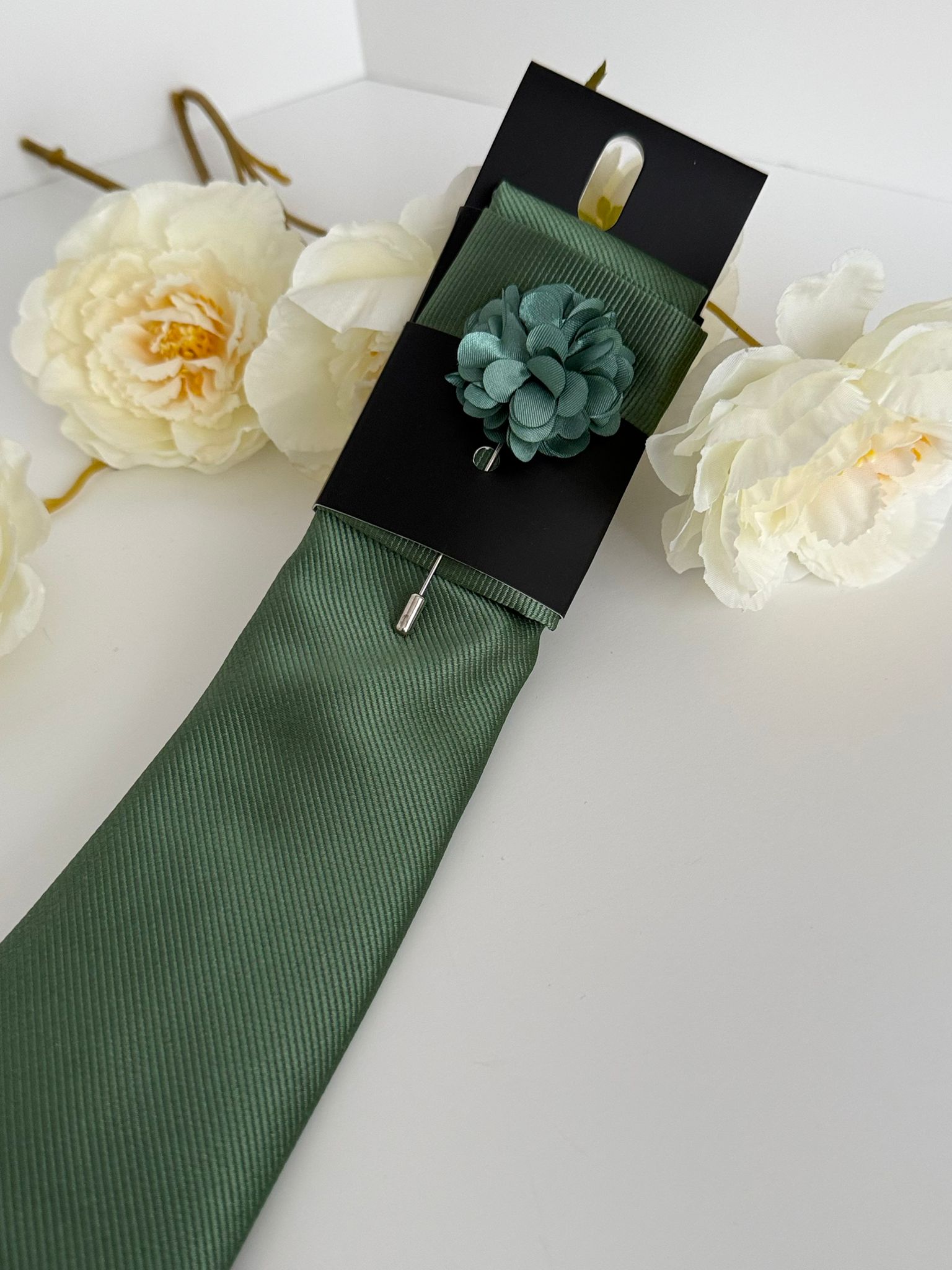 Men’s Sage Green Satin Tie Set with Lapel Flower & Tie Pin