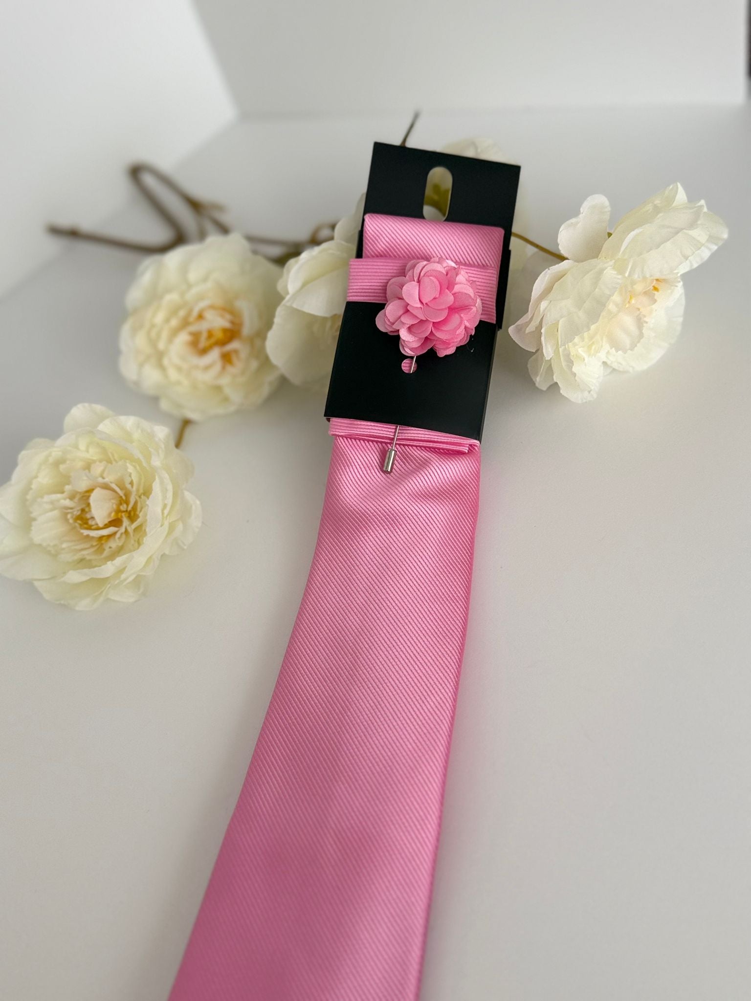 Men’s Light Pink Satin Tie Set with Lapel Flower & Tie Pin
