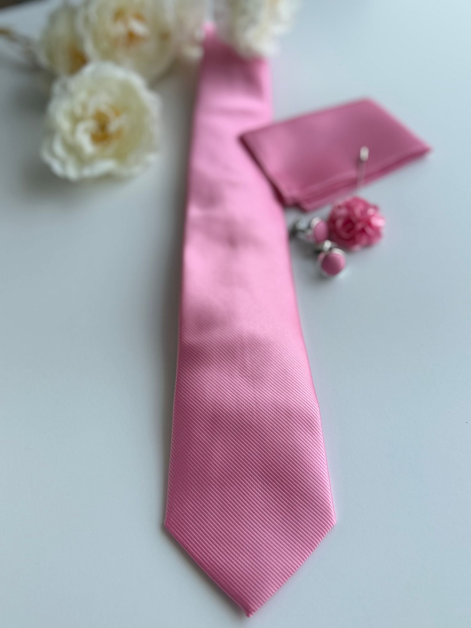 Men’s  Pink Satin Tie Set with Pocket Square, Lapel Flower & Cufflinks