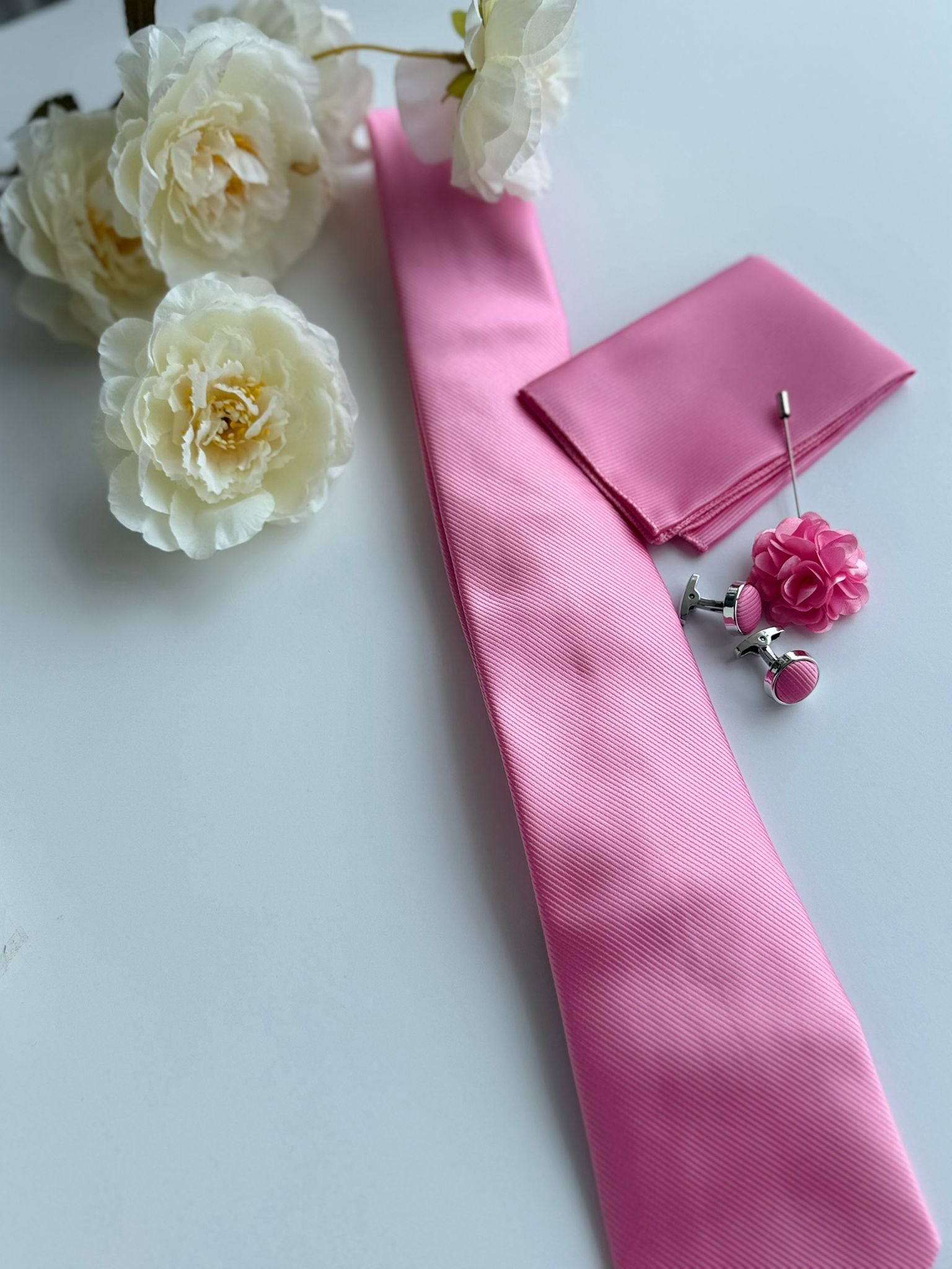 Men’s  Pink Satin Tie Set with Pocket Square, Lapel Flower & Cufflinks