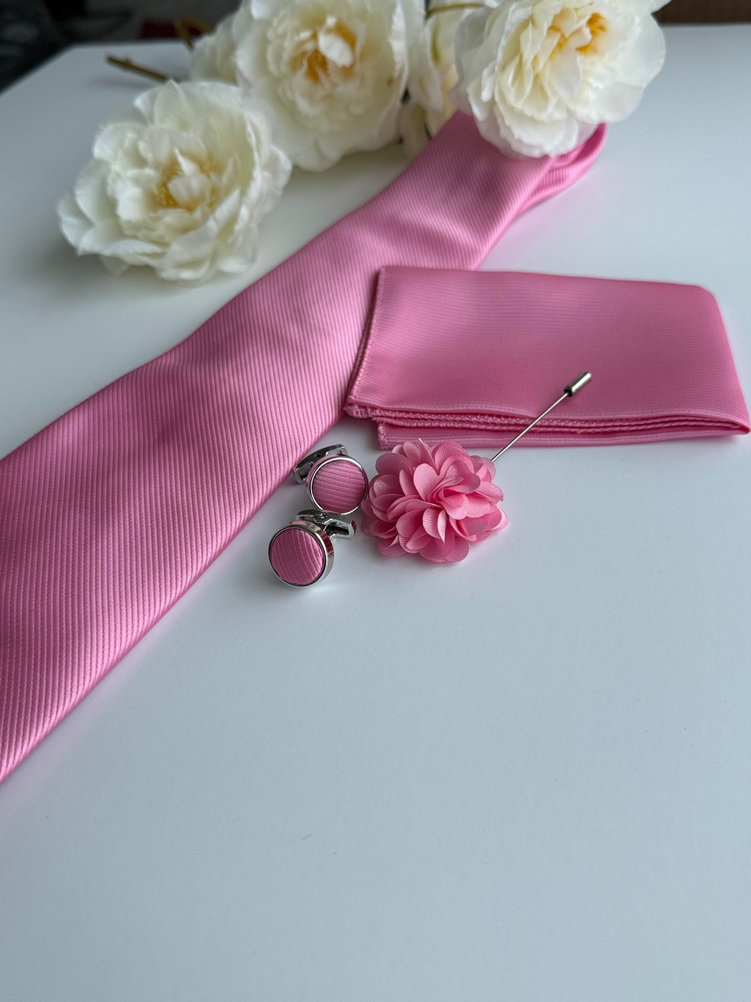 Men’s  Pink Satin Tie Set with Pocket Square, Lapel Flower & Cufflinks