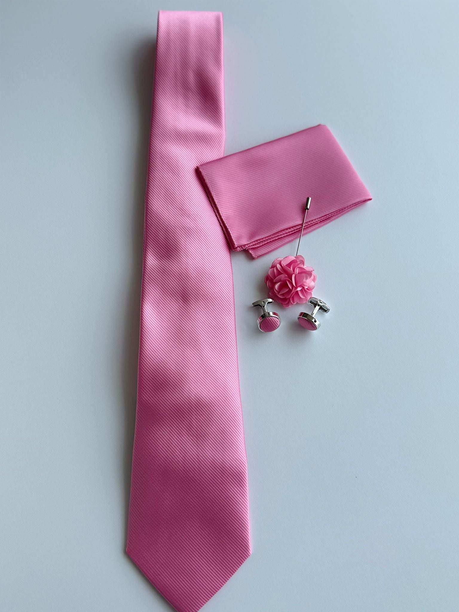 Men’s  Pink Satin Tie Set with Pocket Square, Lapel Flower & Cufflinks