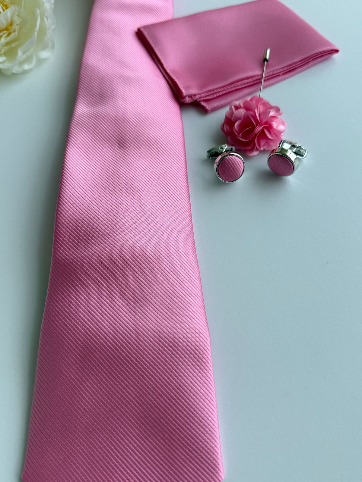 Men’s  Pink Satin Tie Set with Pocket Square, Lapel Flower & Cufflinks