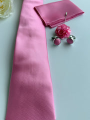 Men’s  Pink Satin Tie Set with Pocket Square, Lapel Flower & Cufflinks