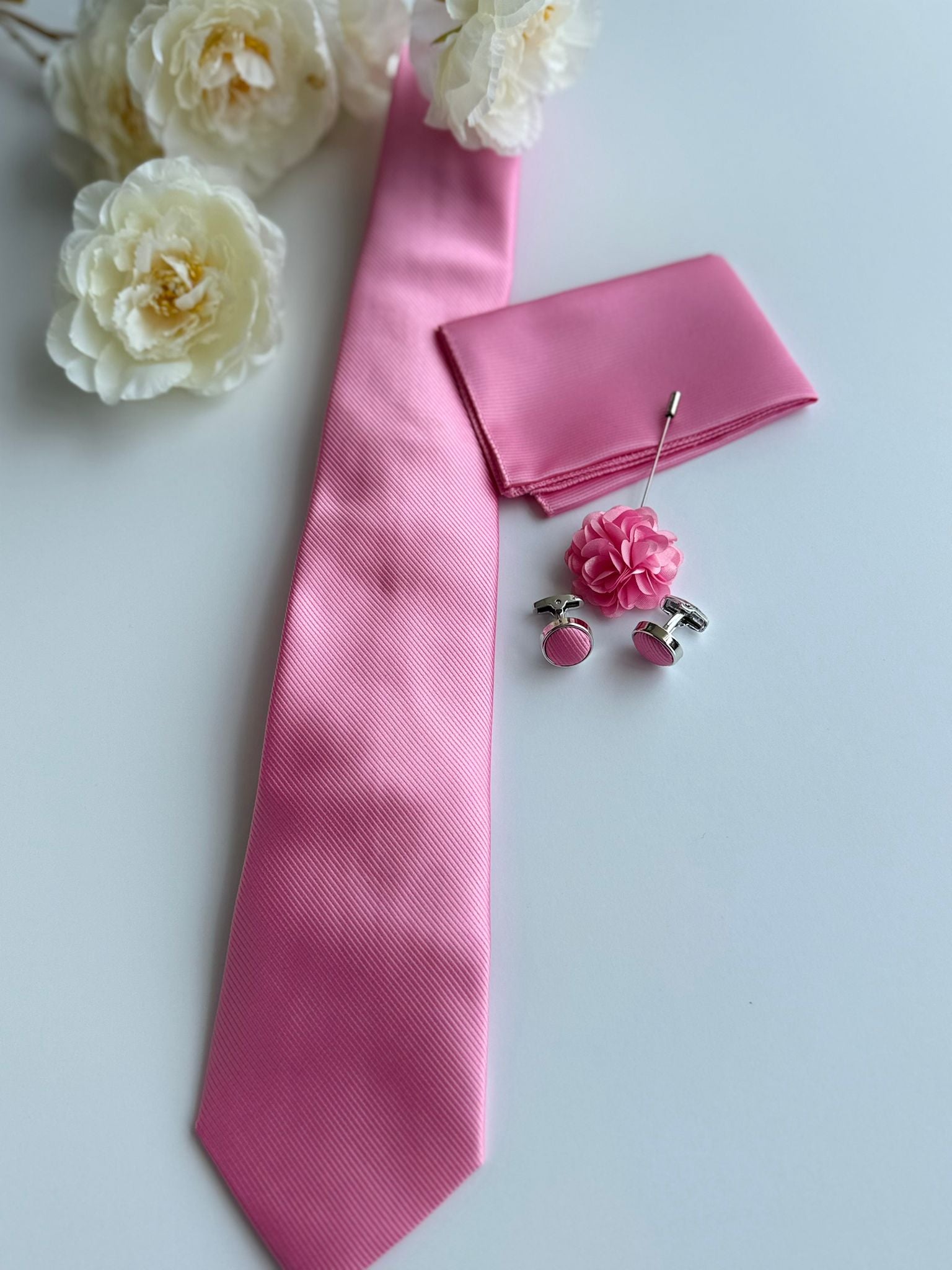 Men’s  Pink Satin Tie Set with Pocket Square, Lapel Flower & Cufflinks
