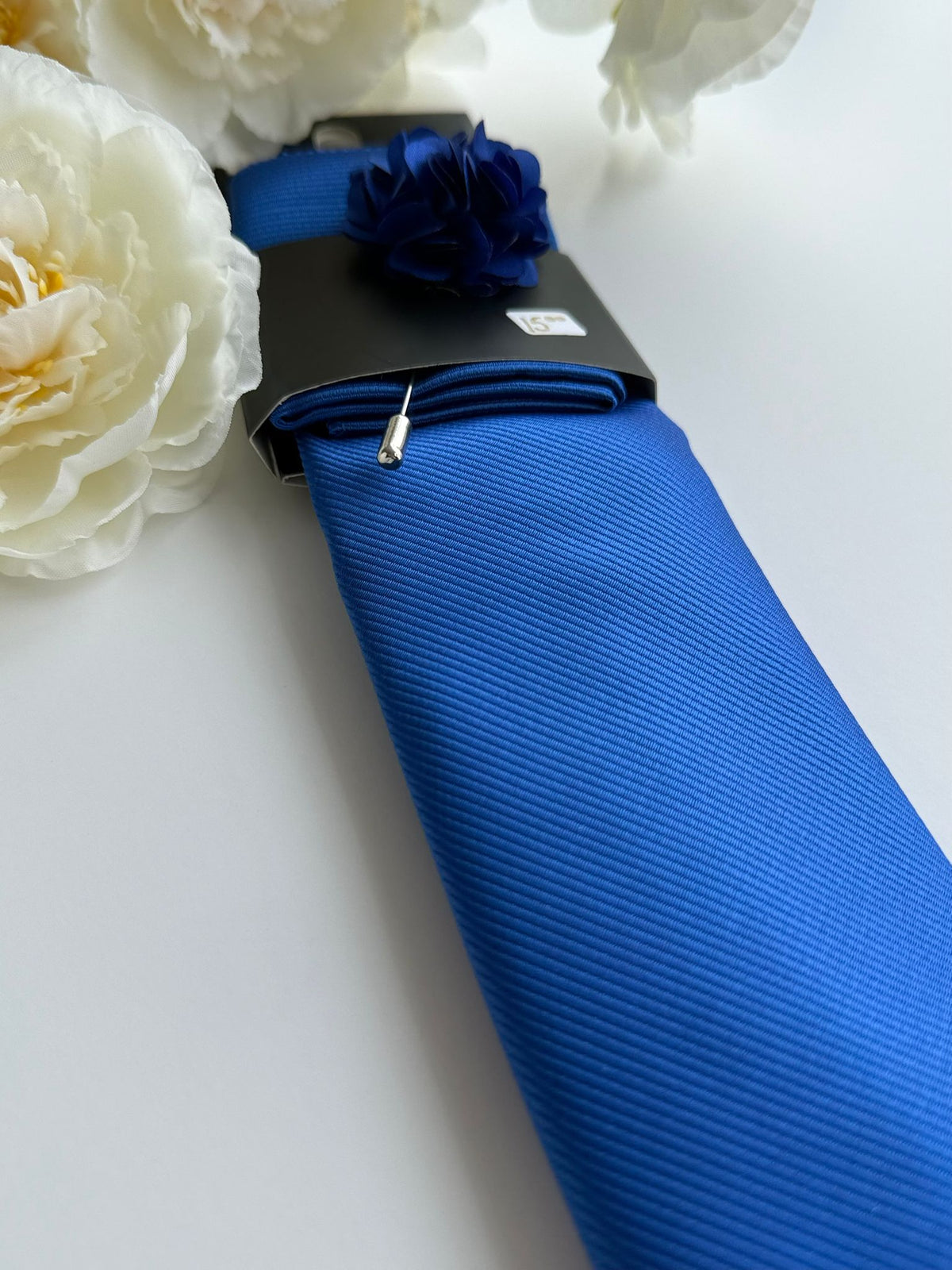 Men’s Royal Blue Satin Tie Set with Lapel Flower & Tie Pin