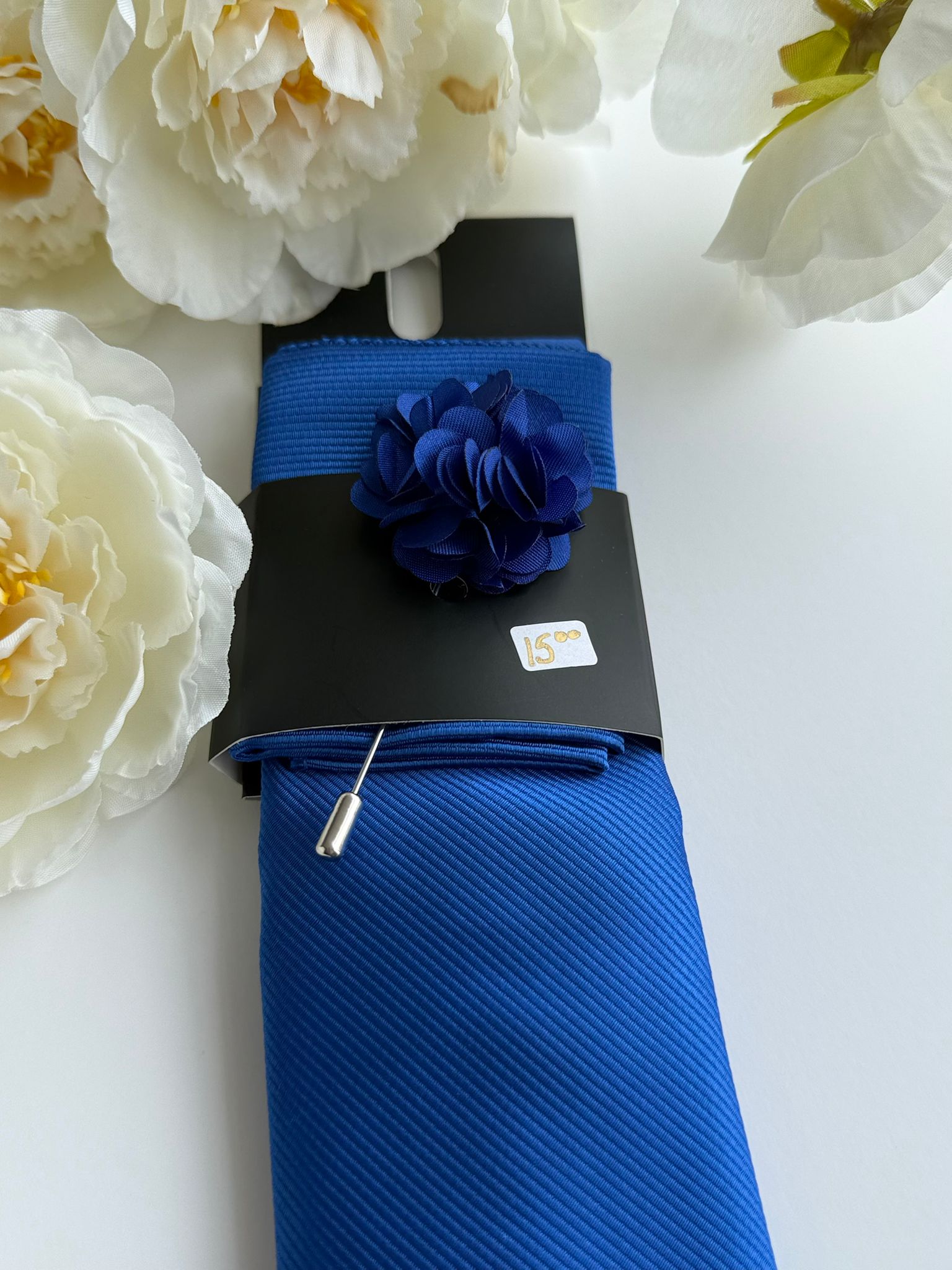 Men’s Royal Blue Satin Tie Set with Lapel Flower & Tie Pin