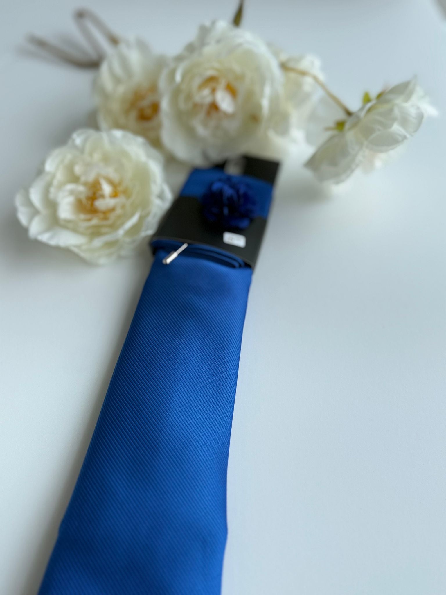 Men’s Royal Blue Satin Tie Set with Lapel Flower & Tie Pin