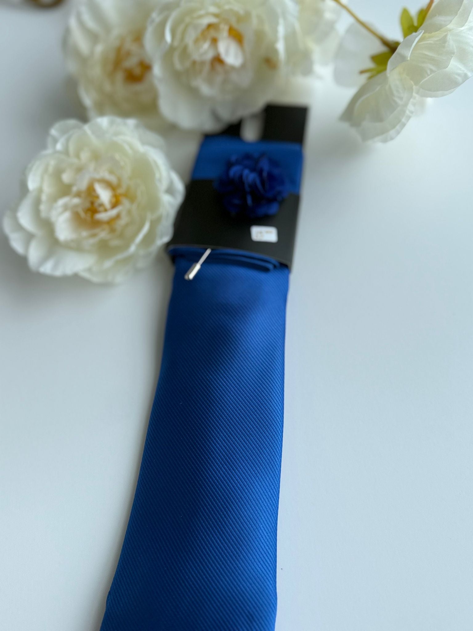 Men’s Royal Blue Satin Tie Set with Lapel Flower & Tie Pin