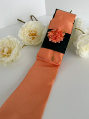 Men’s Coral Satin Tie Set with Pocket Square & Lapel Flower