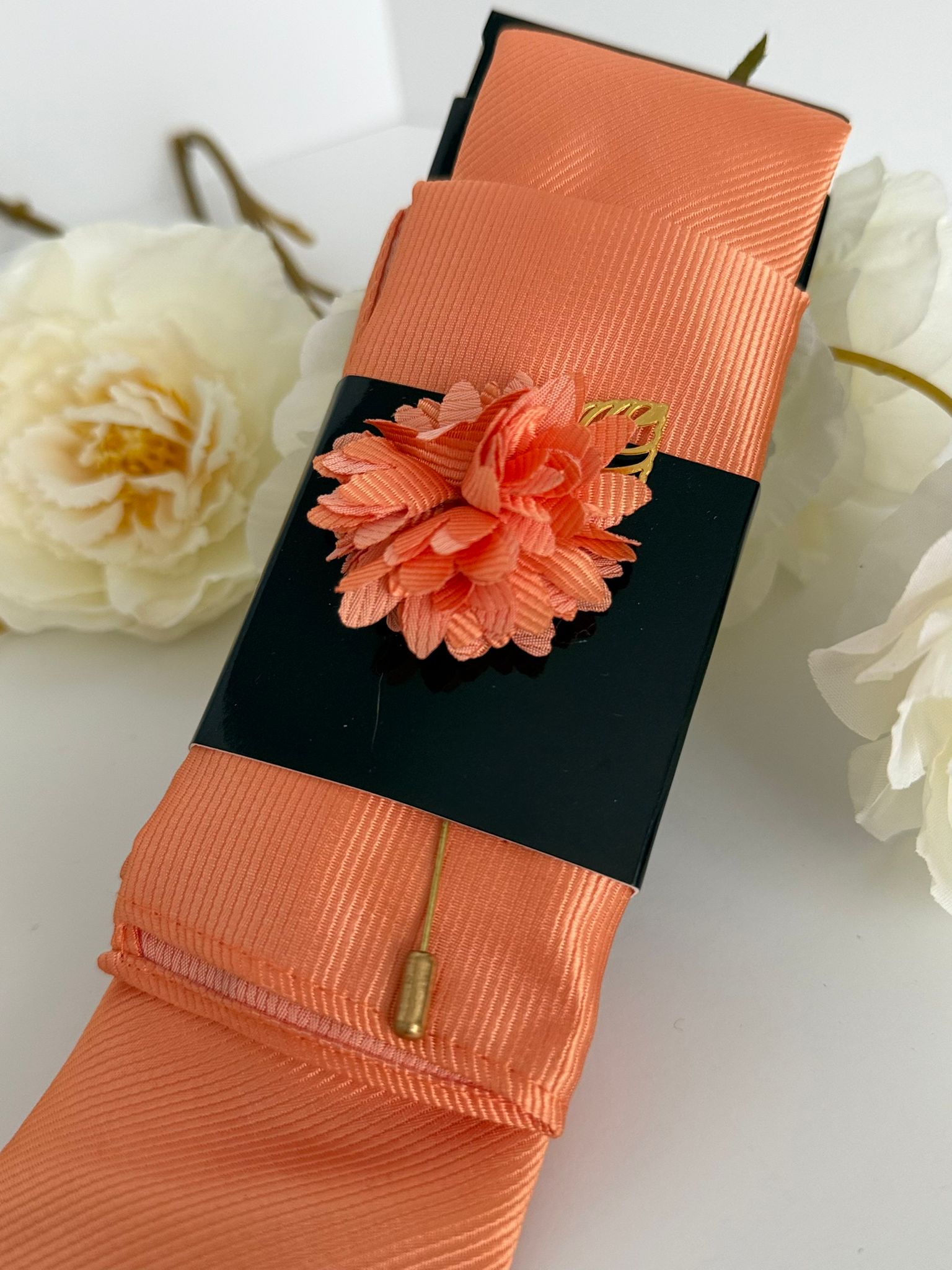 Men’s Coral Satin Tie Set with Pocket Square & Lapel Flower