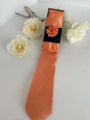 Men’s Coral Satin Tie Set with Pocket Square & Lapel Flower