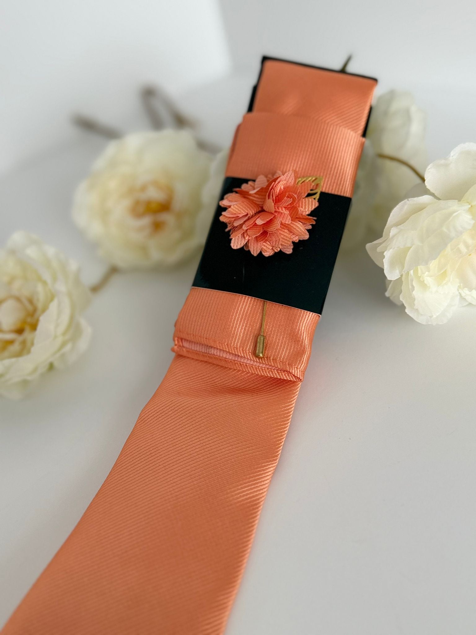 Men’s Coral Satin Tie Set with Pocket Square & Lapel Flower