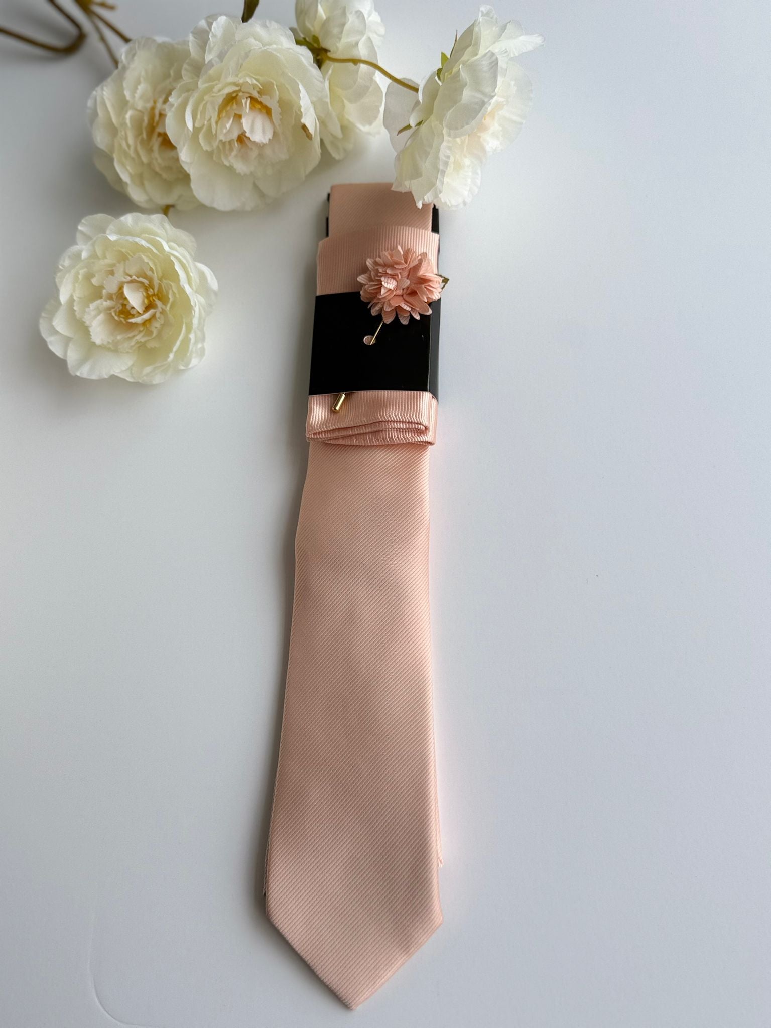 Men’s Champagne Satin Tie Set with Pocket Square & Lapel Flower
