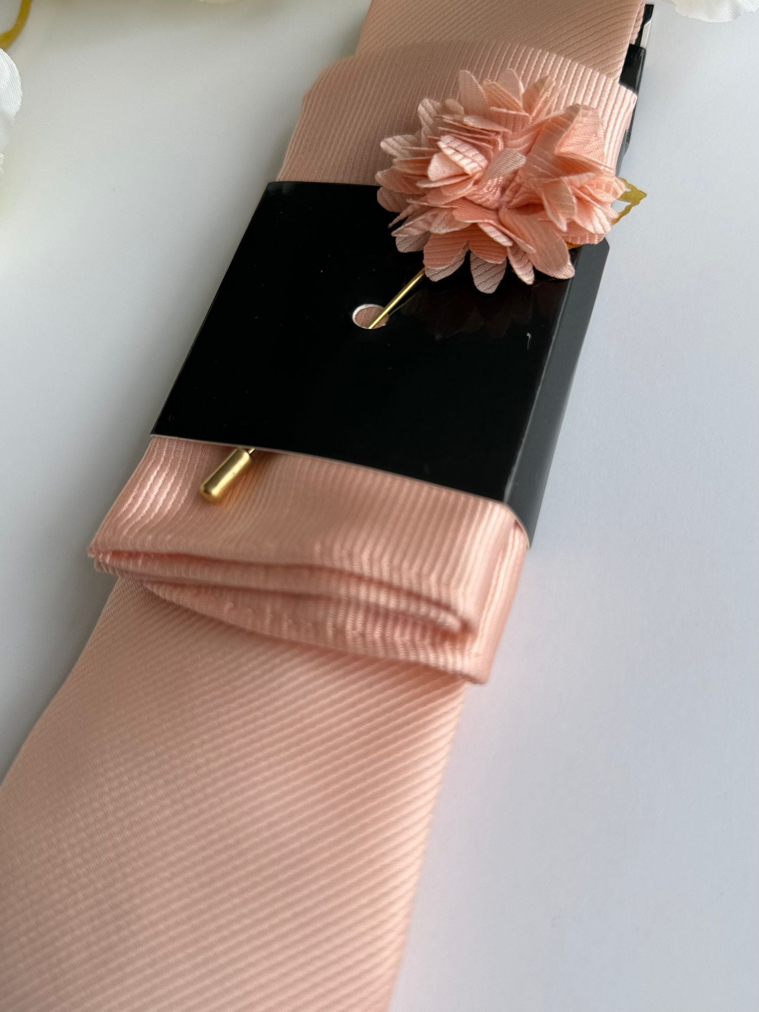 Men’s Champagne Satin Tie Set with Pocket Square & Lapel Flower