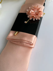 Men’s Champagne Satin Tie Set with Pocket Square & Lapel Flower