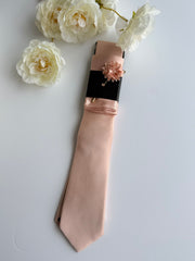 Men’s Champagne Satin Tie Set with Pocket Square & Lapel Flower