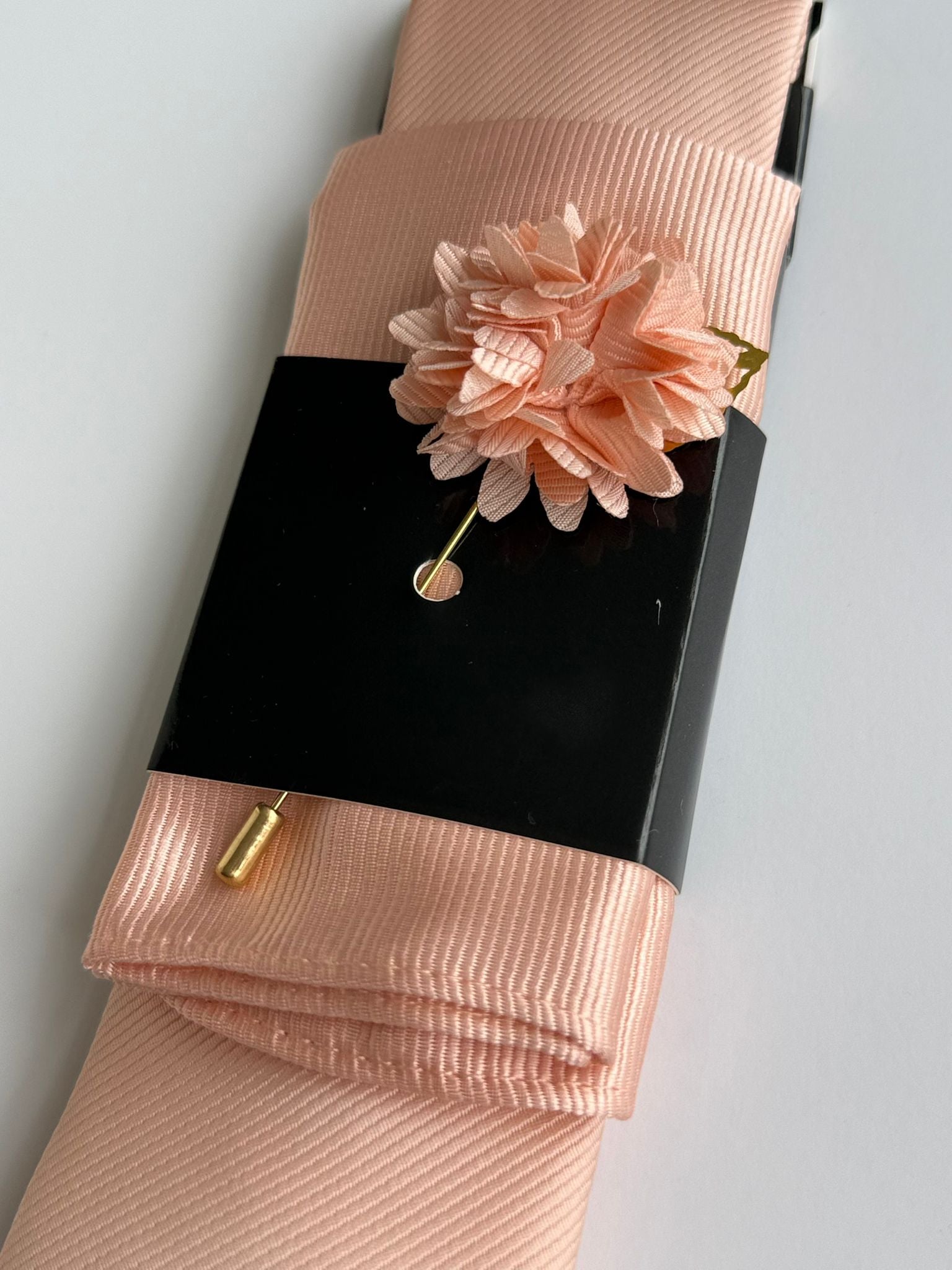 Men’s Champagne Satin Tie Set with Pocket Square & Lapel Flower