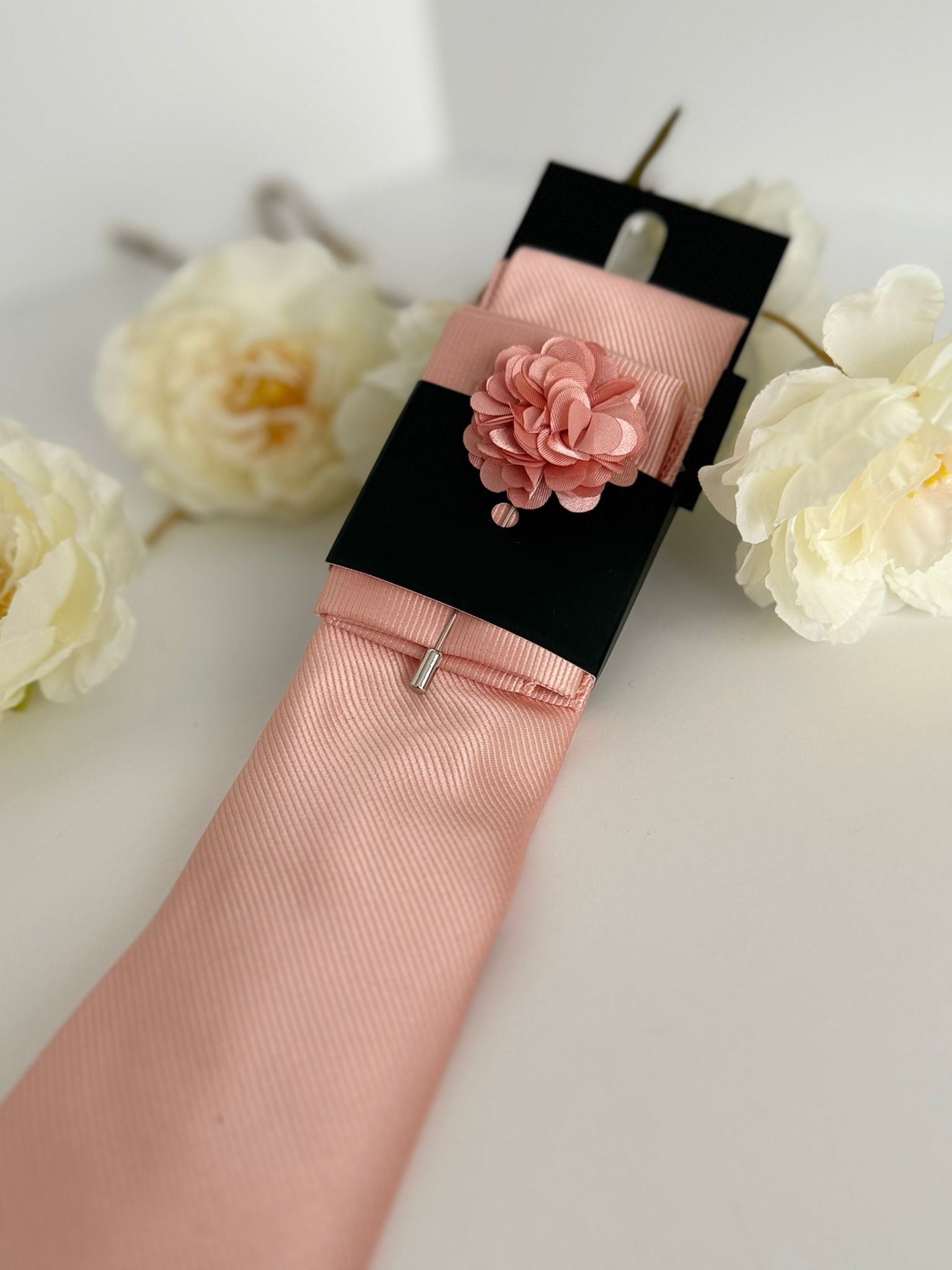 Men’s Champagne Blush Satin Tie Set with Lapel Flower & Tie Pin