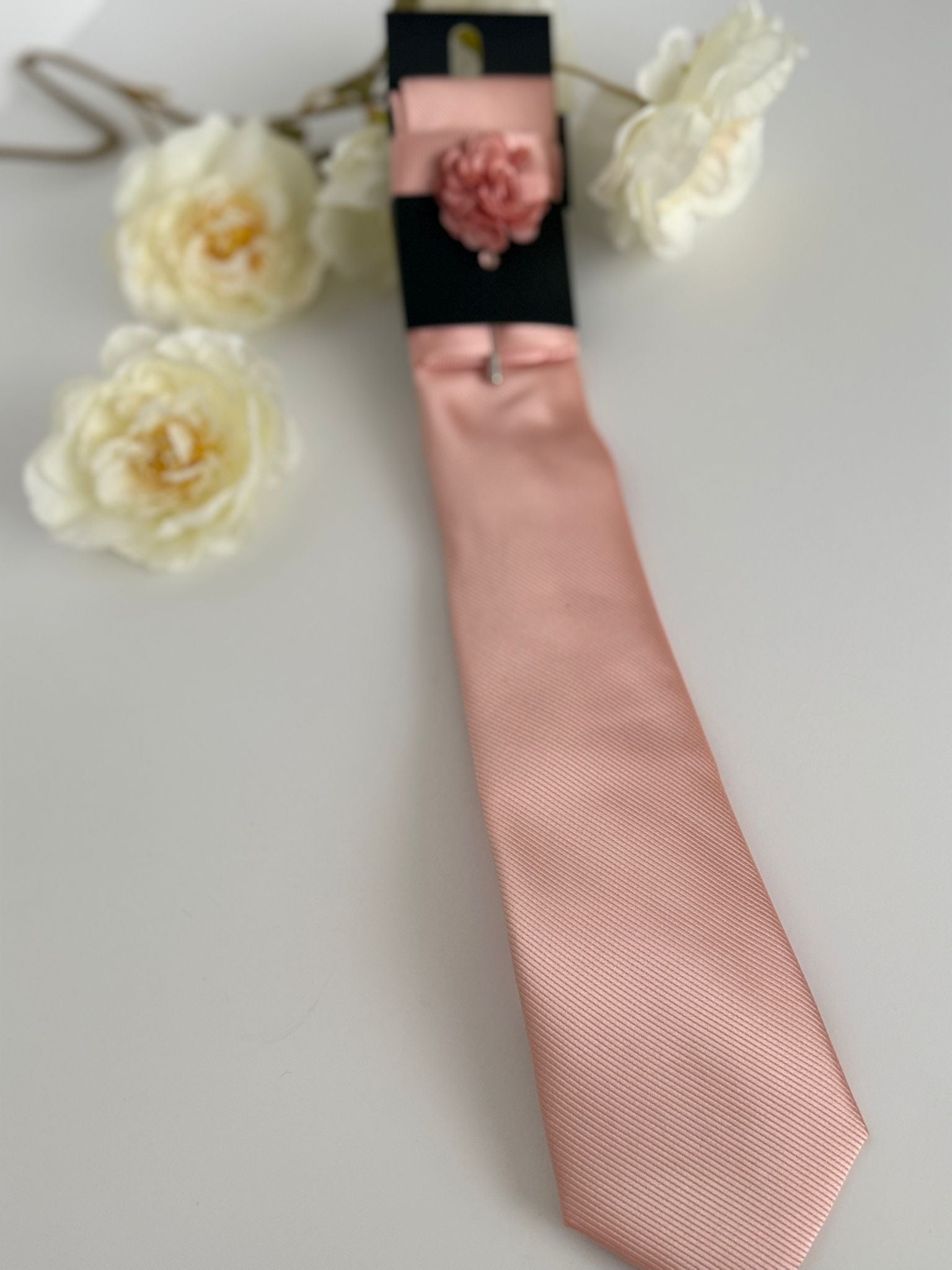Men’s Champagne Blush Satin Tie Set with Lapel Flower & Tie Pin