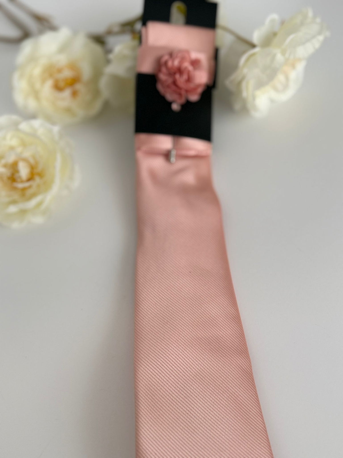 Men’s Champagne Blush Satin Tie Set with Lapel Flower & Tie Pin
