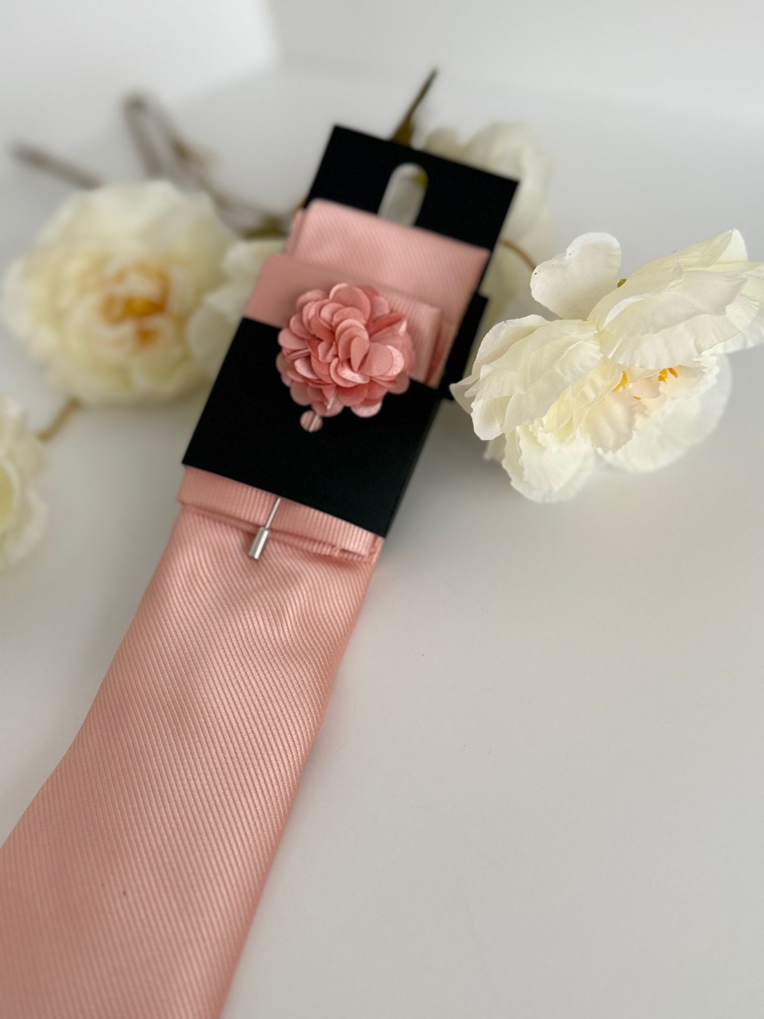 Men’s Champagne Blush Satin Tie Set with Lapel Flower & Tie Pin