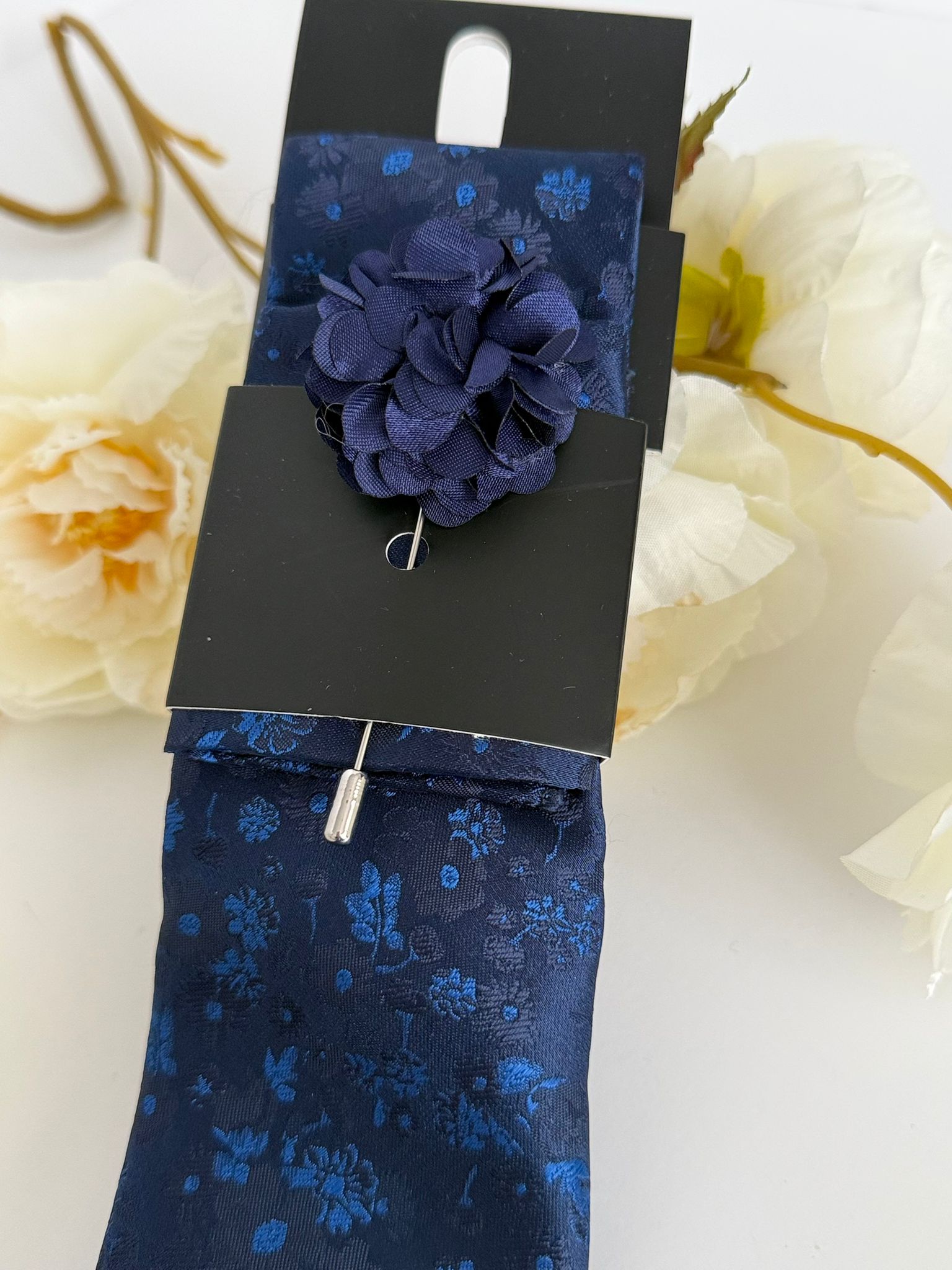 Men’s Navy Blue Floral Tie Set with Pocket Square, Lapel Flower & Tie Pin – Luxury Patterned Formal Accessories
