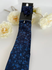 Men’s Navy Blue Floral Tie Set with Pocket Square, Lapel Flower & Tie Pin – Luxury Patterned Formal Accessories