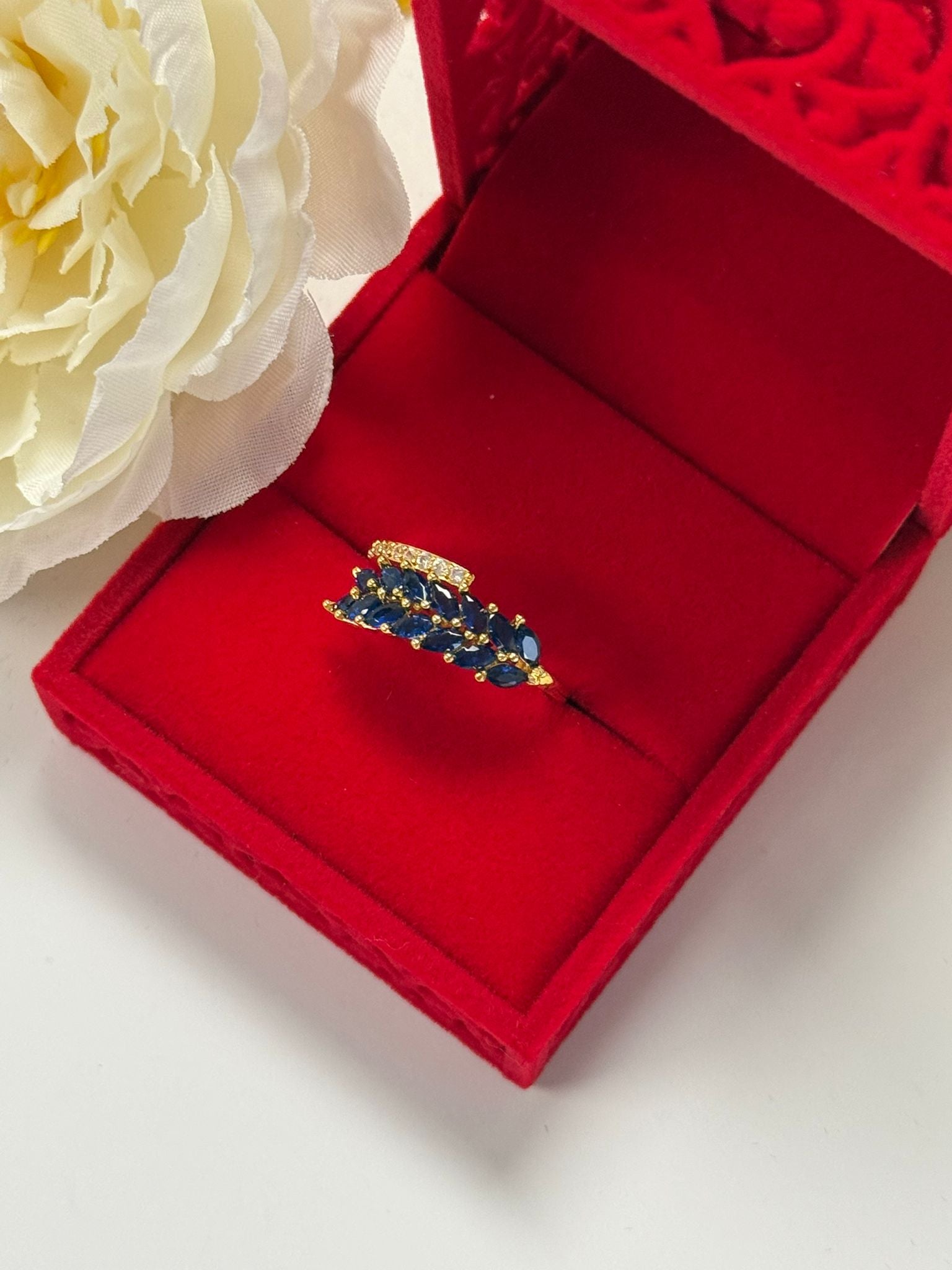 18K Gold Plated Blue Crystal Leaf Ring for Women