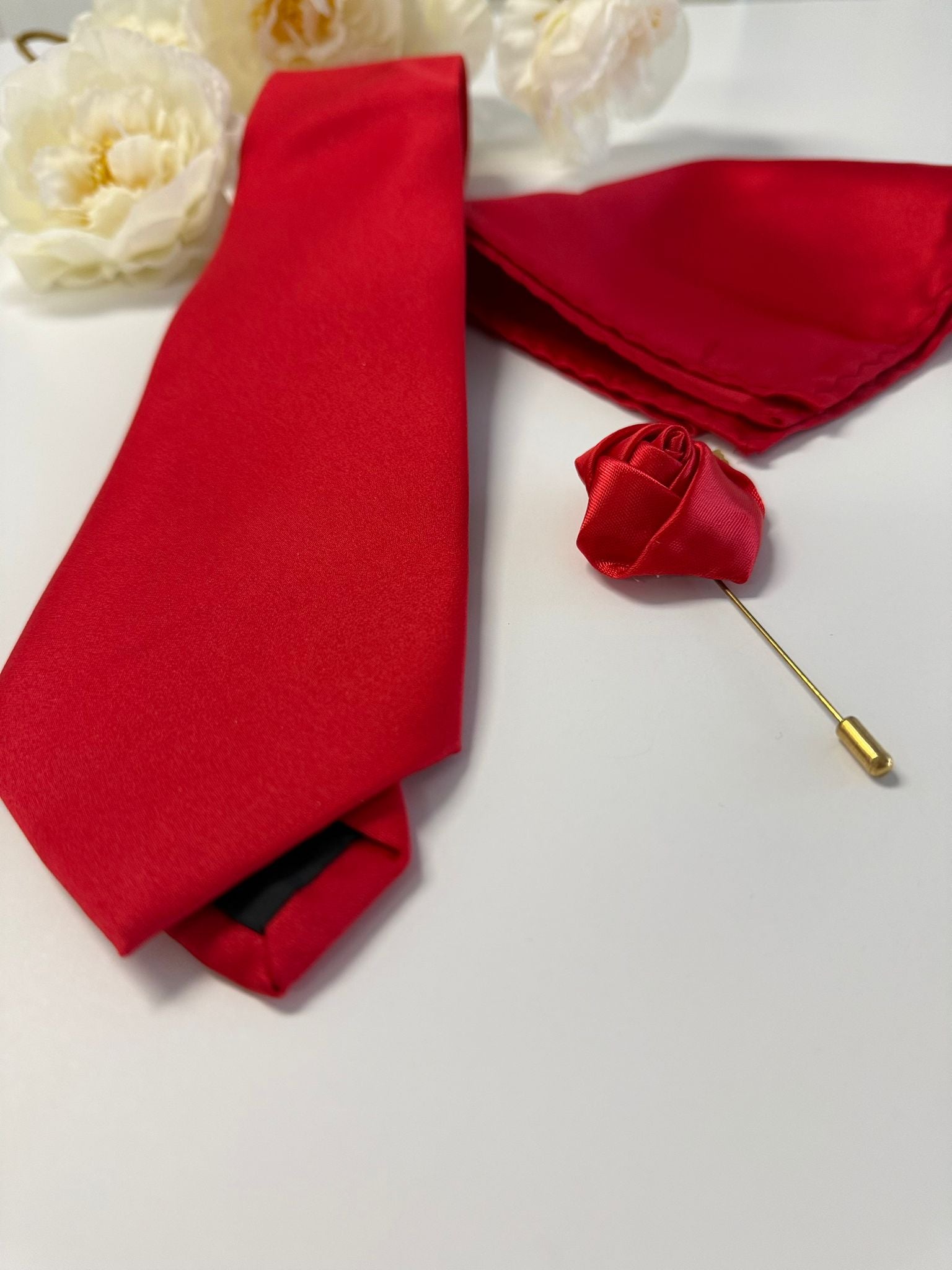 Men’s Red Satin Tie Set with Pocket Square & Rose Lapel Pin