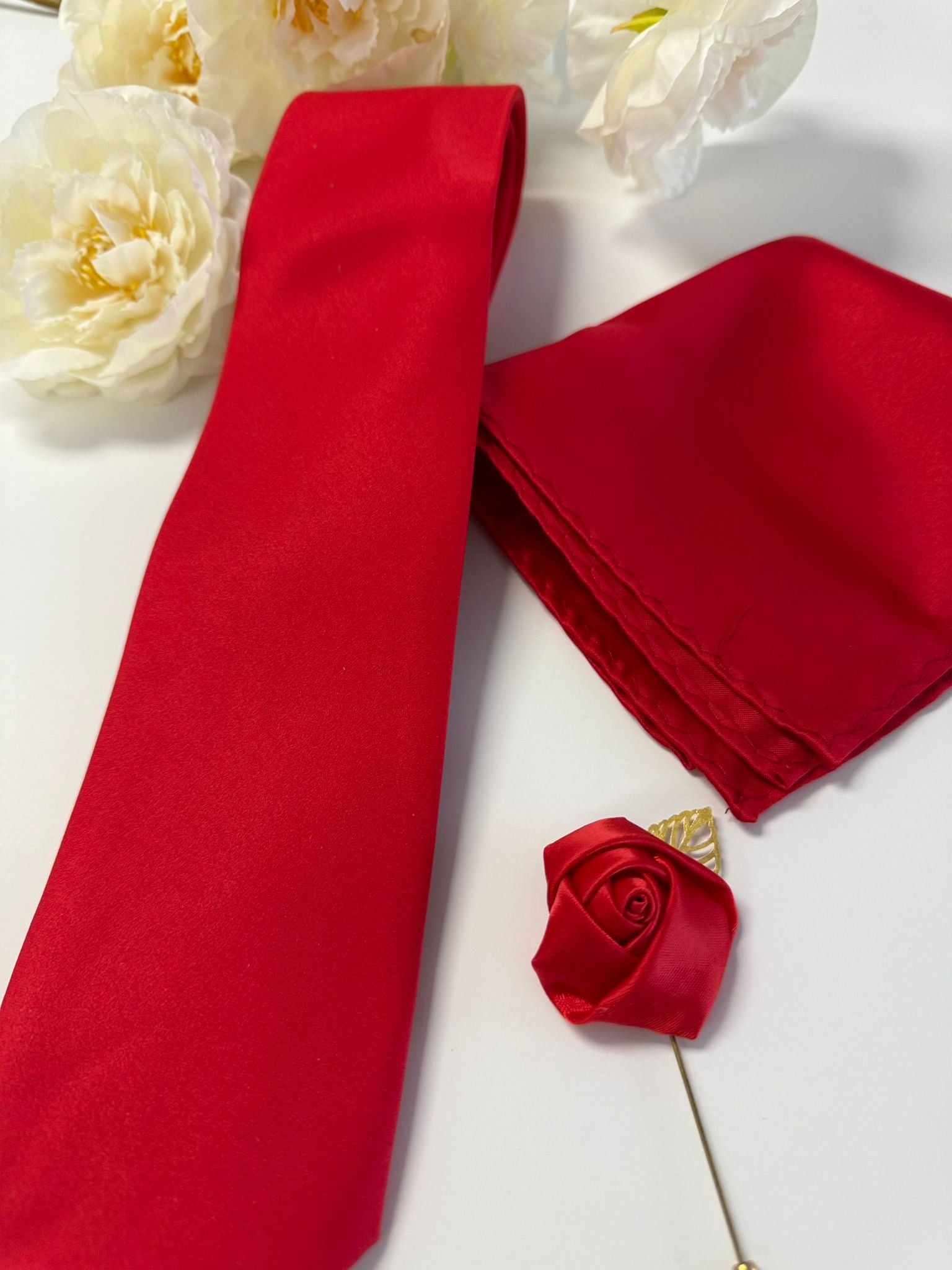 Men’s Red Satin Tie Set with Pocket Square & Rose Lapel Pin