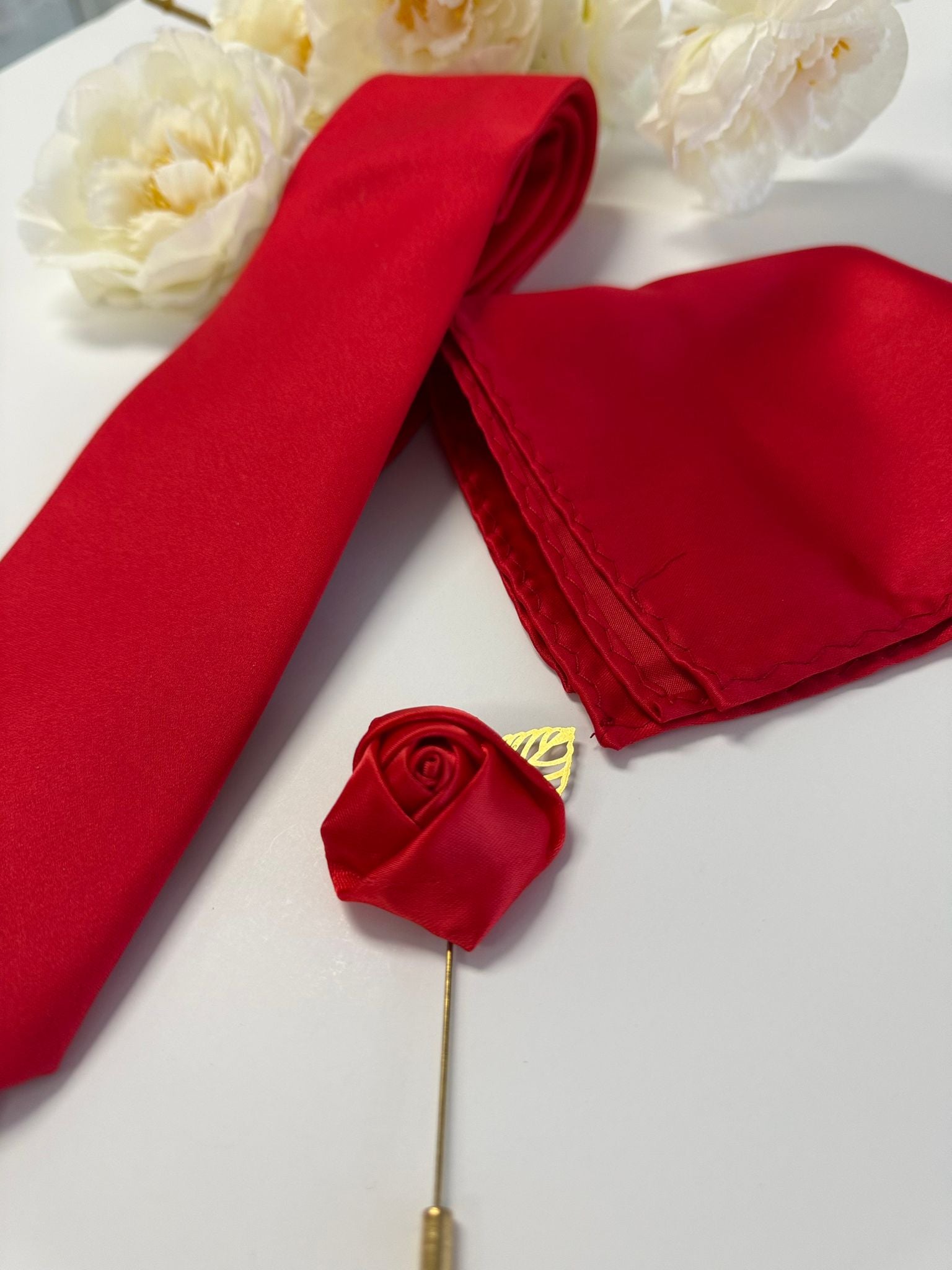 Men’s Red Satin Tie Set with Pocket Square & Rose Lapel Pin