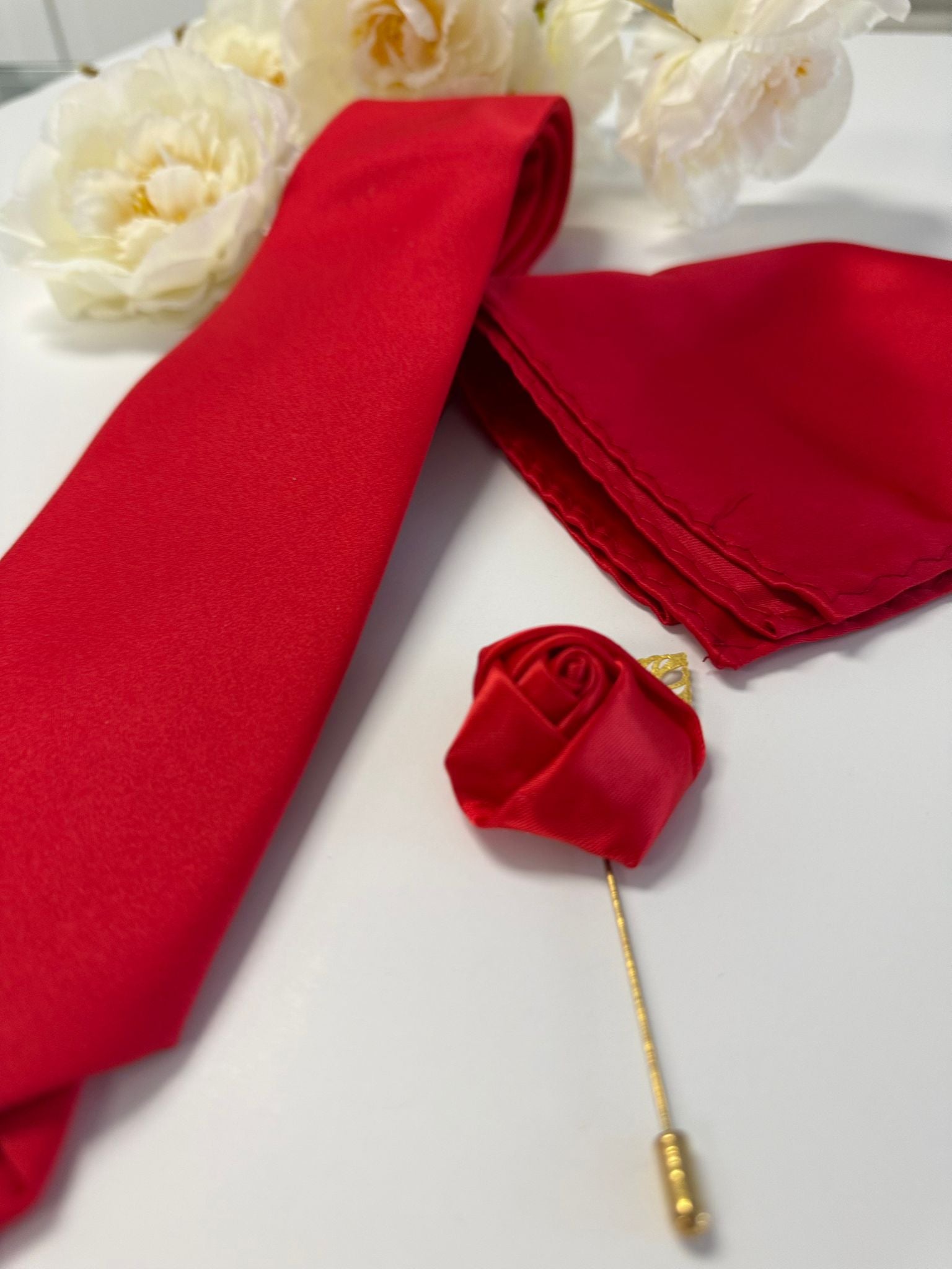 Men’s Red Satin Tie Set with Pocket Square & Rose Lapel Pin